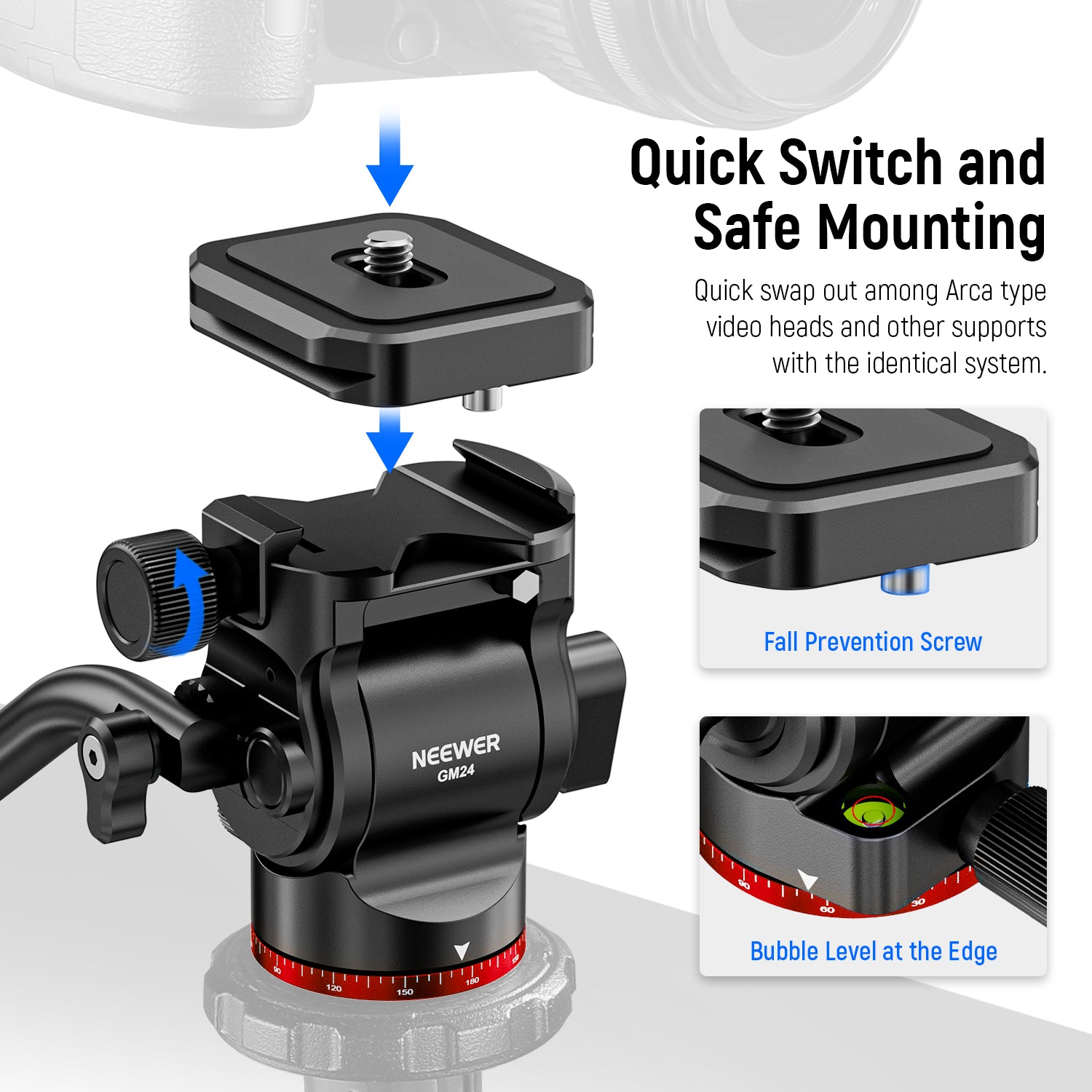 NEEWER GM24 Professional 75mm Video Tripod Fluid Head - Smooth Pan & Tilt for DSLR Cameras, Camcorders - Perfect for Vlogging, Live Streaming & Film Making