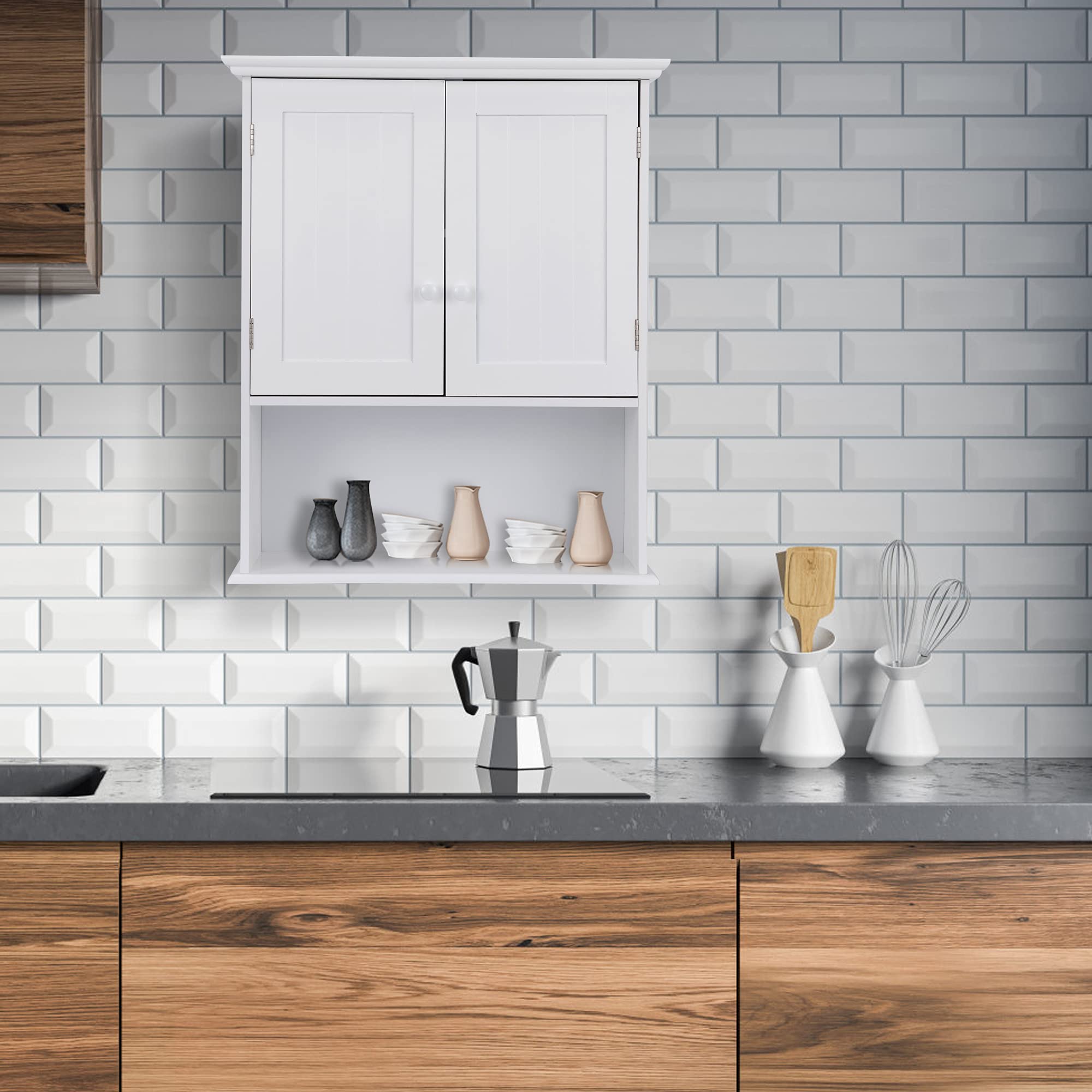GLACER White Wall Mounted Storage Cabinet - Adjustable Shelf & Double Door Bathroom Medicine Cabinet for Bathroom, Living Room, Kitchen, Entryway - 23.5