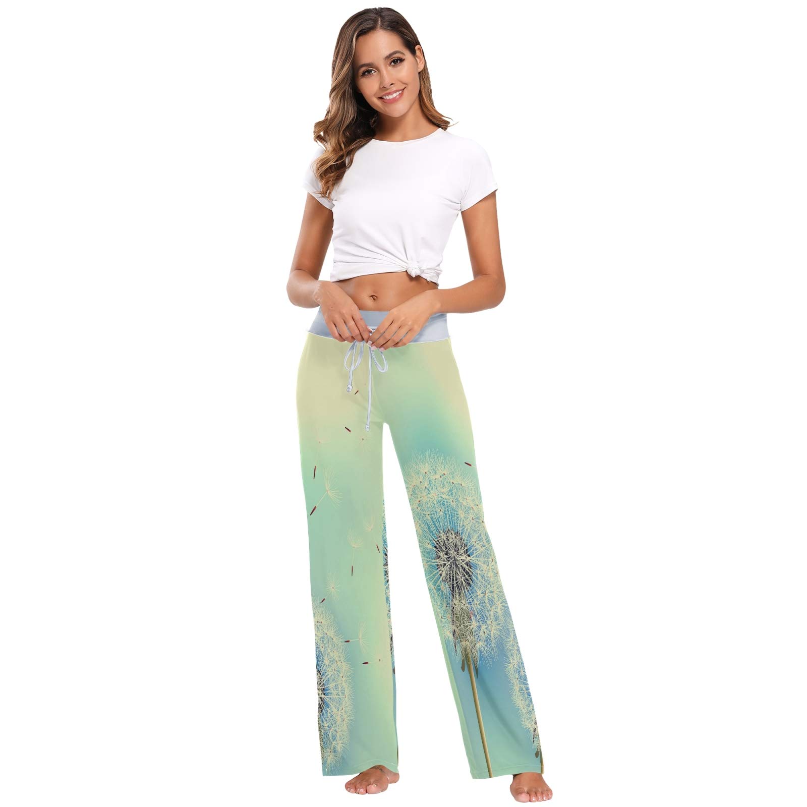 Vintage Dandelion Print Lounge Pants - Soft Stretchy Wide Leg Sleepwear with Drawstring Waist (Large) - Perfect for Relaxing at Home, Yoga & Cozy Nights
