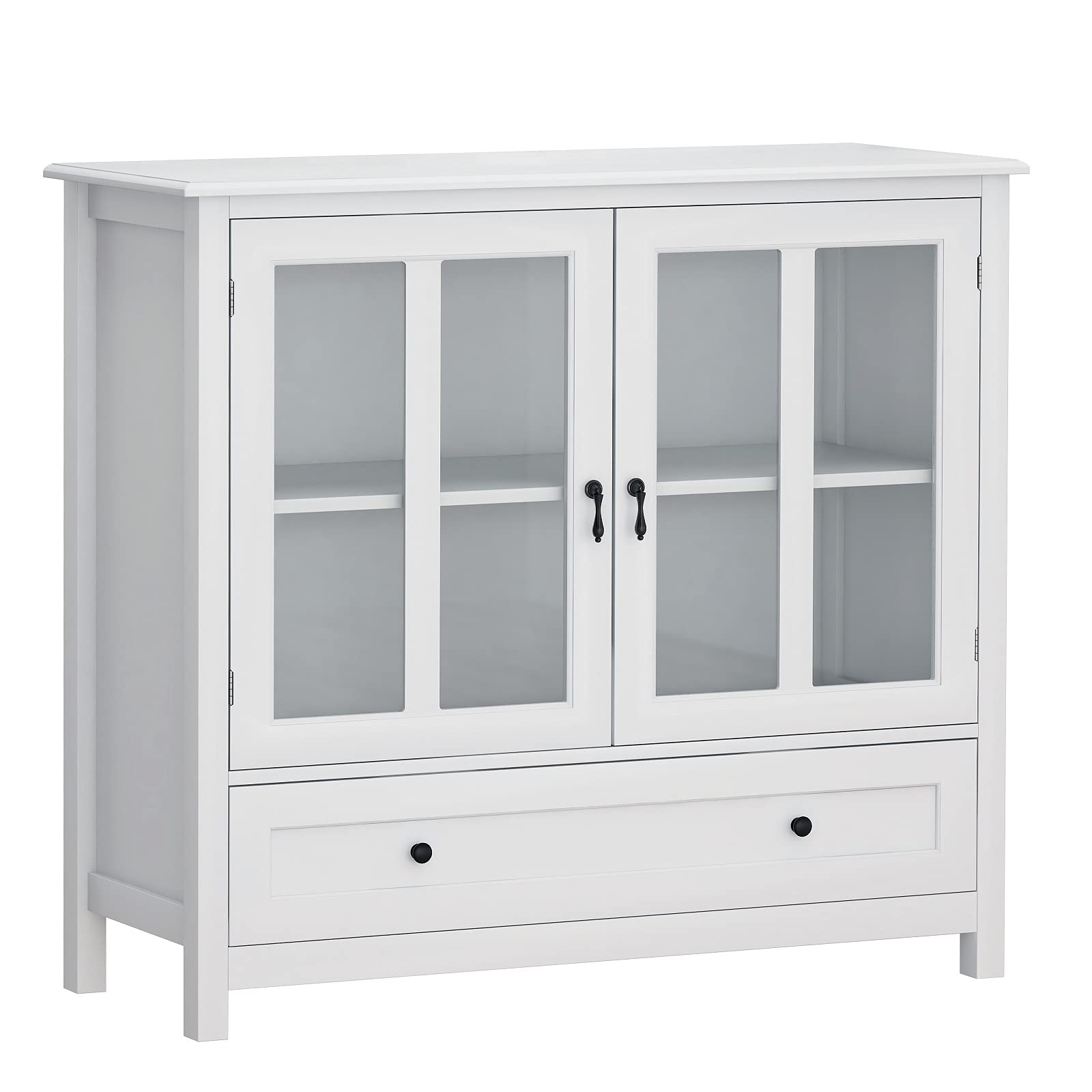 Wide Kitchen Buffet Sideboard with Large Drawer & Double Glass Doors - Entryway Storage Cabinet, Accent Cupboard with Bell Handle - Perfect for Dining Room, Living Room & Bar Area Organization