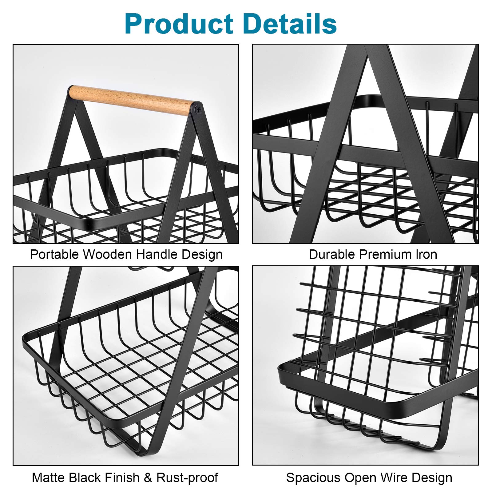 2-Tier Countertop Fruit Basket - Kitchen Storage Organizer for Fruits, Vegetables, Bread - Space Saving Black Wire Basket for Counter, Pantry & Dining Table Display