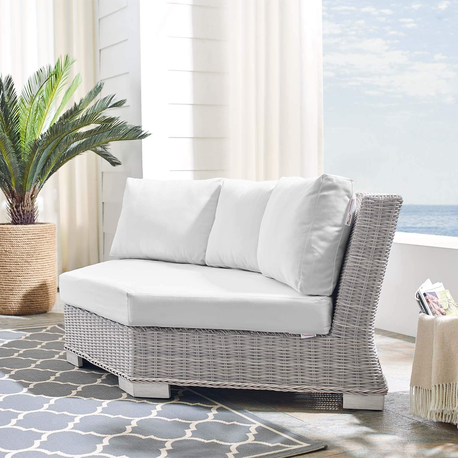 Modway Conway Sunbrella Outdoor Patio Wicker Rattan Round Corner Chair - Light Gray White - Perfect for Poolside, Garden, and Backyard Relaxation