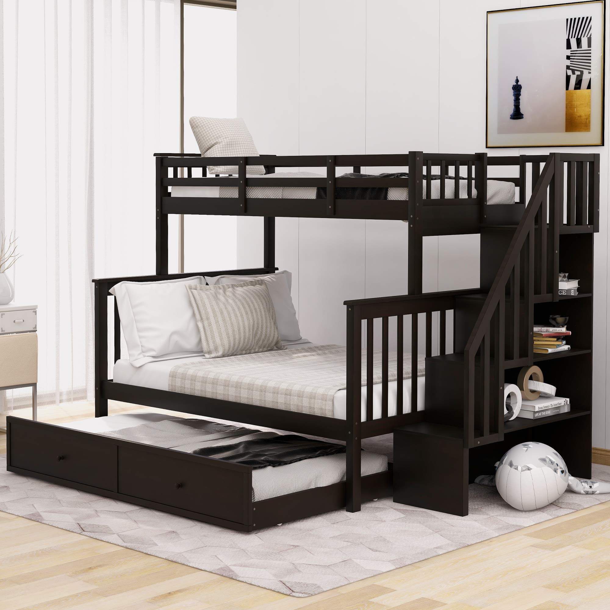 Wood Twin Over Full Bunk Bed with Trundle & Stairs - Space-Saving Kids Bedroom Furniture for Small Rooms
