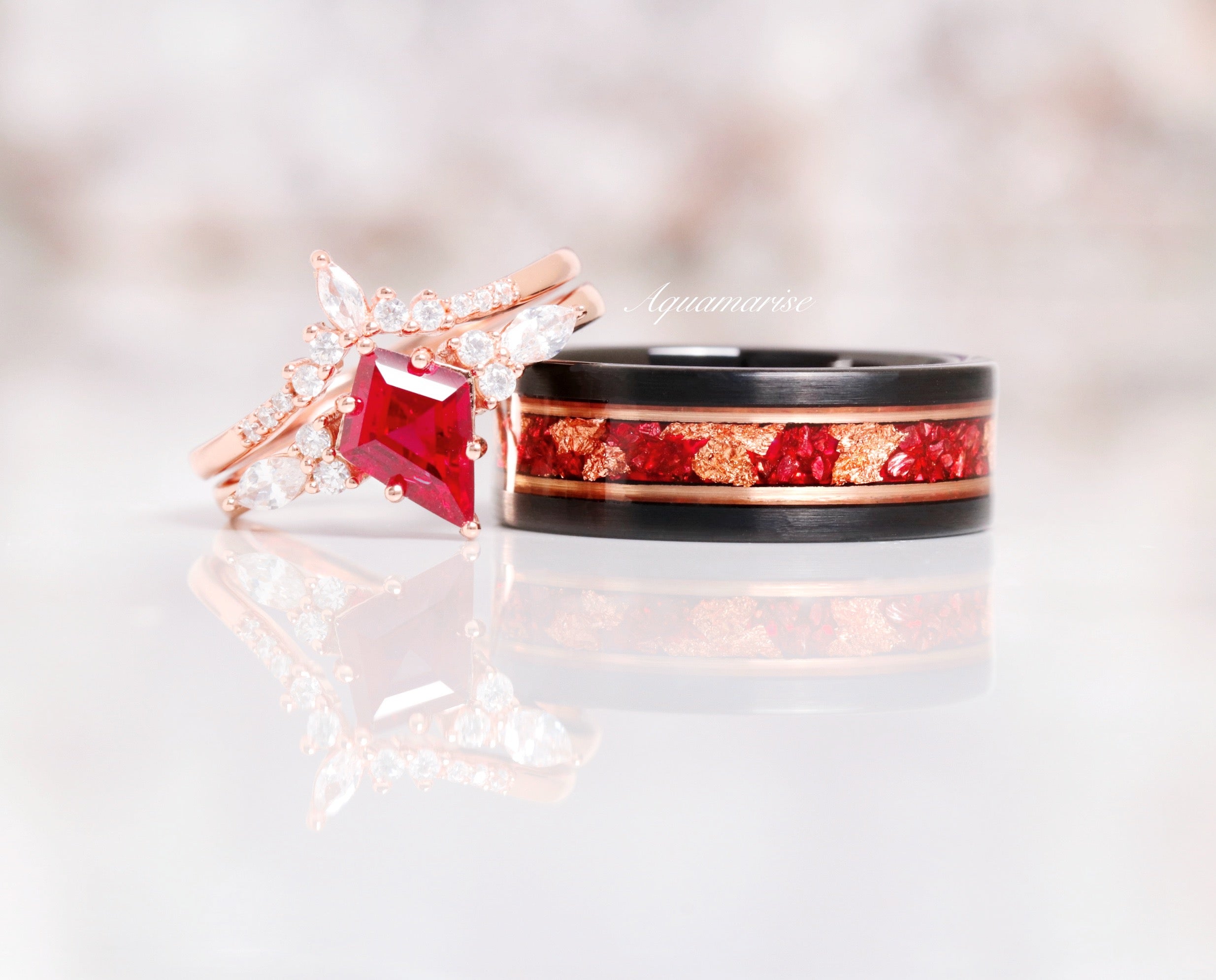 Rose Gold Leaf & Ruby Wedding Band - 8MM Black Tungsten Ring for Women - Elegant Bridal Jewelry for Engagement, Anniversary & Special Occasions