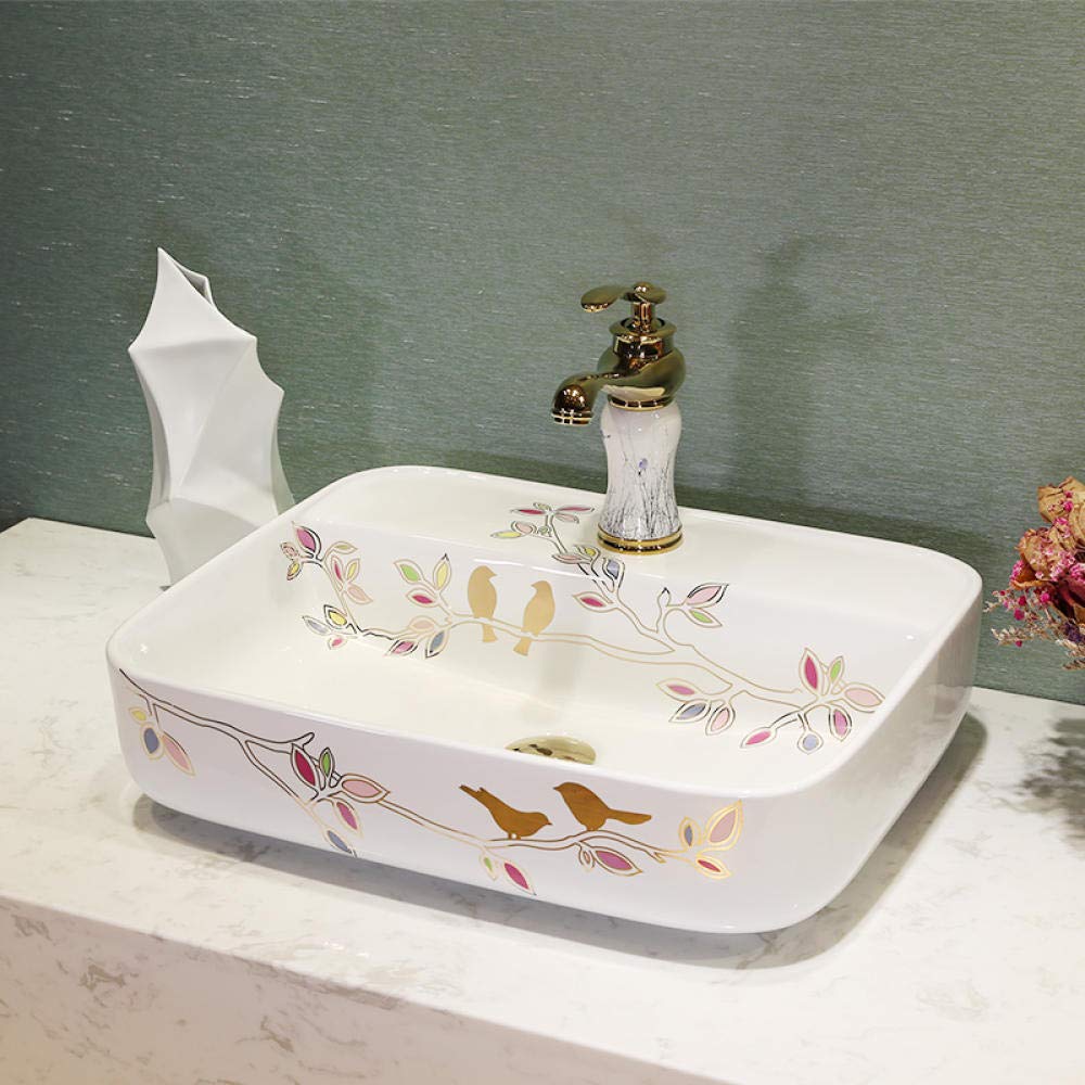 NOALED Modern Ceramic Countertop Basin - Rectangular Bathroom Sink with Jingdezhen Art Bird Design, Above Counter Washbasin for Vanity Cabinet | Perfect for Contemporary Bathrooms, Powder Rooms & Guest Suites