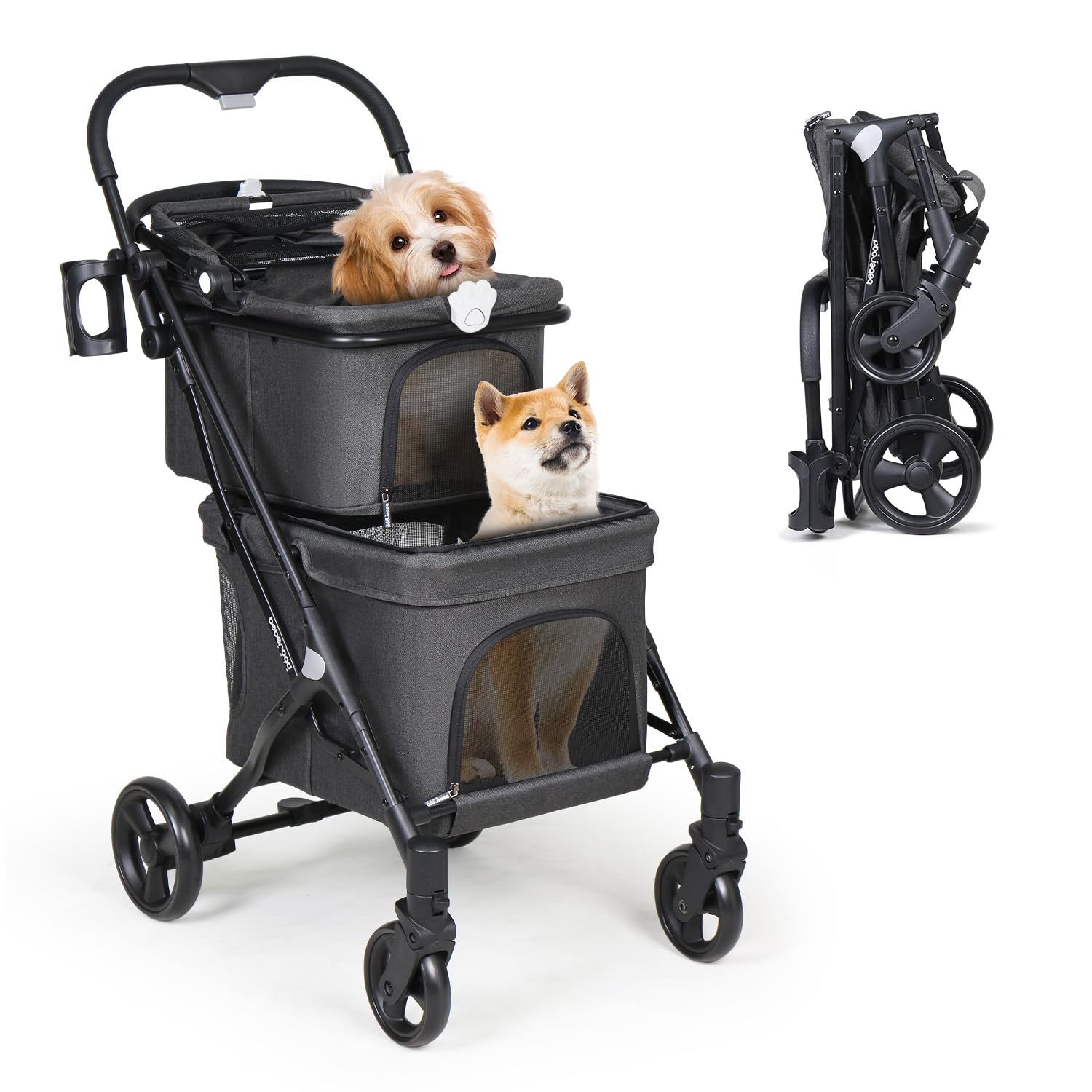 Premium T1 Double Pet Stroller for 2 Small Dogs or Cats - Lightweight Foldable Design with Detachable Carrier - Ideal for Park Walks, Vet Visits & Travel (Black)