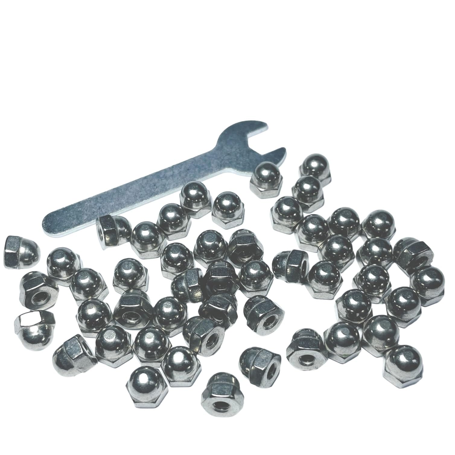 50pcs #8-32 Acorn Cap Nuts, 304 Stainless Steel Dome Head Hex Nuts with Bright Finish - 18-8 Grade Hardware Nuts for Furniture, Automotive & DIY Projects - Includes Open End Wrench for Easy Installation
