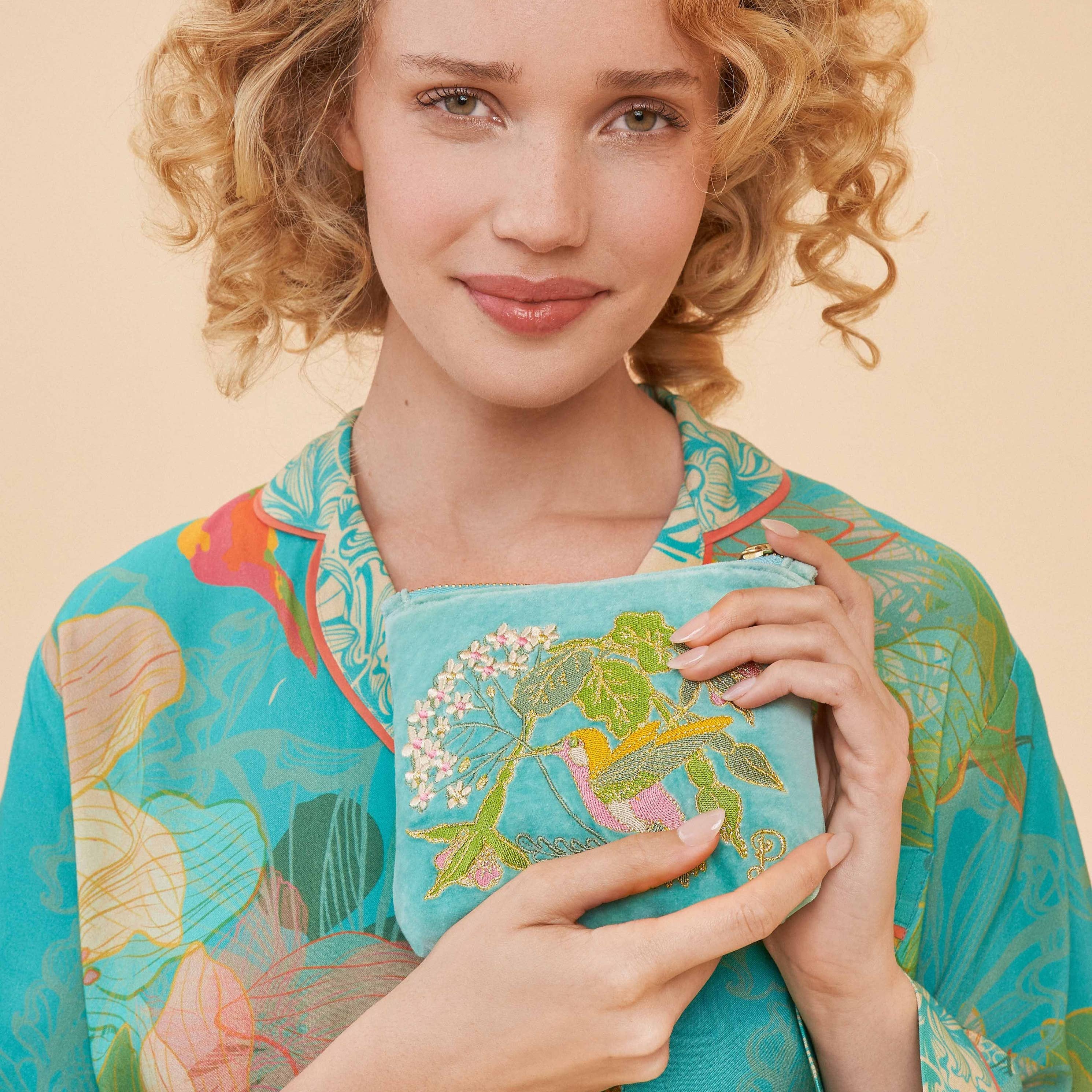 Hummingbird Velvet Embroidered Mini Pouch - Elegant Small Clutch for Women | Perfect for Parties, Weddings & Evening Events