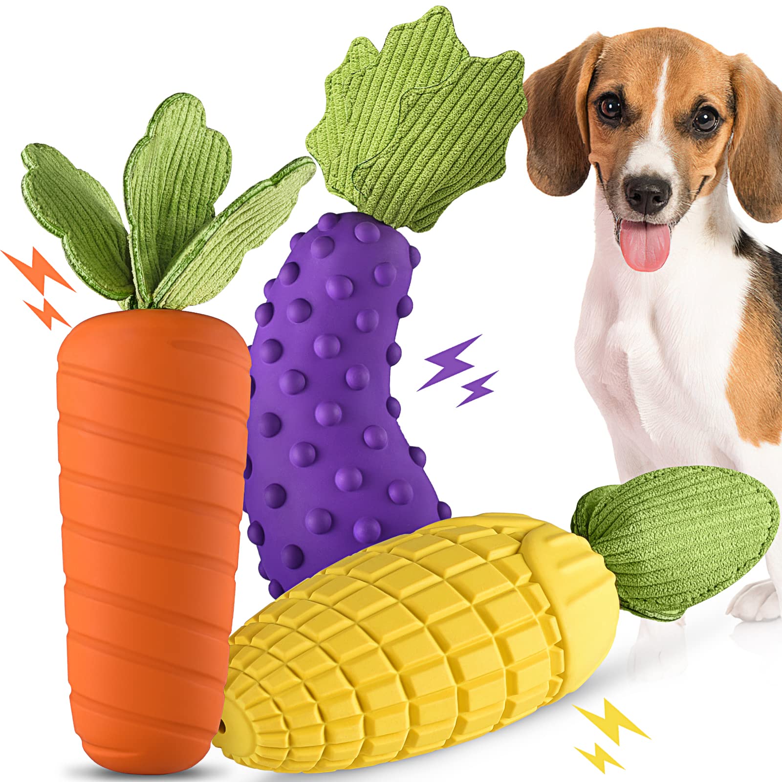 Durable Non-Toxic Natural Rubber Dog Chew Toys for Aggressive Chewers - Tough Squeaky Toys for Small & Medium Breed Dogs (Corn, Eggplant, Radish Shapes) - Perfect for Teething, Playtime & Training