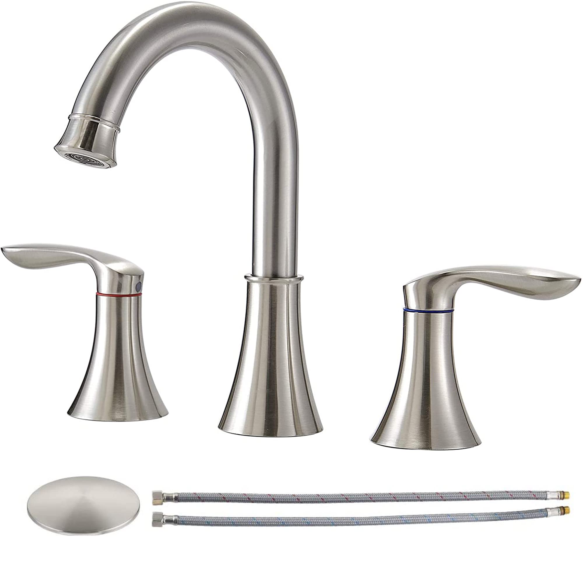 Friho Modern 2-Handle 8-inch Widespread Bathroom Faucet - Brushed Nickel Finish with Swivel Spout, Includes Water Supply Hoses & Pop-Up Drain - Perfect for Vanity Sinks in Master Bathrooms & Powder Rooms