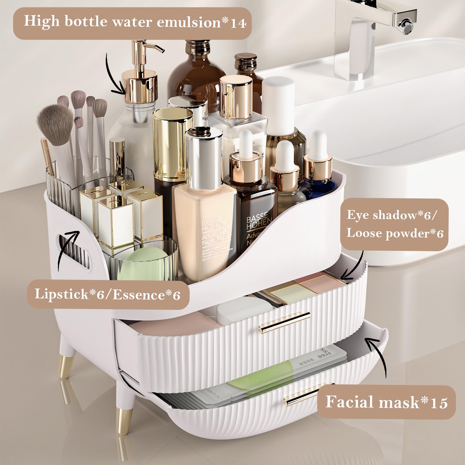 Large Capacity Makeup Organizer with 2 Drawers - Cosmetic Storage Box for Vanity, Bedroom & Bathroom | Skincare & Beauty Product Display Case | Perfect Gift for Women (White) - Ideal for Daily Beauty Routine and Travel Organization