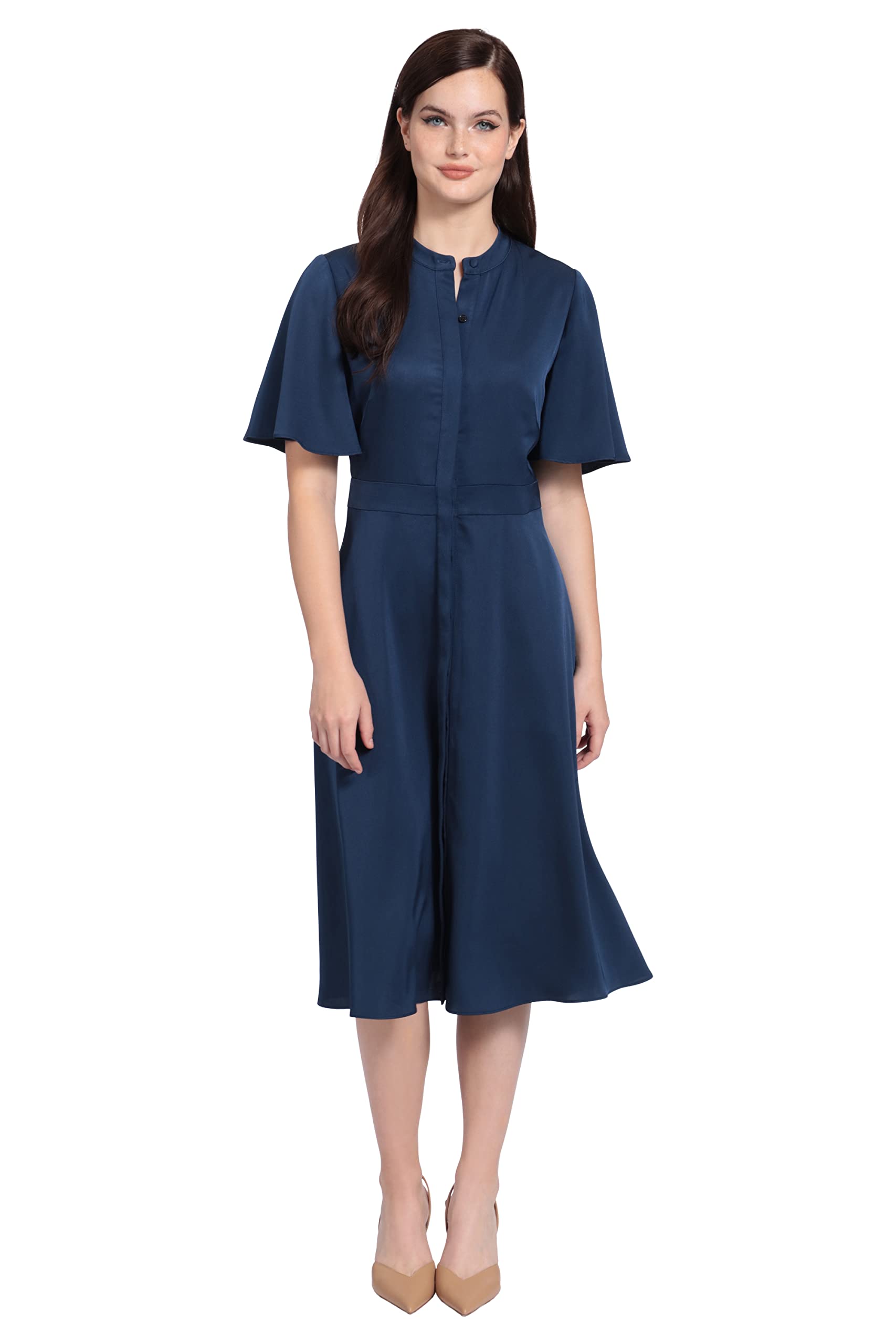Maggy London Women's Stand Collar Bell Sleeve Midi Dress - Elegant Flowy A-Line Cocktail Dress for Parties, Weddings & Office Wear