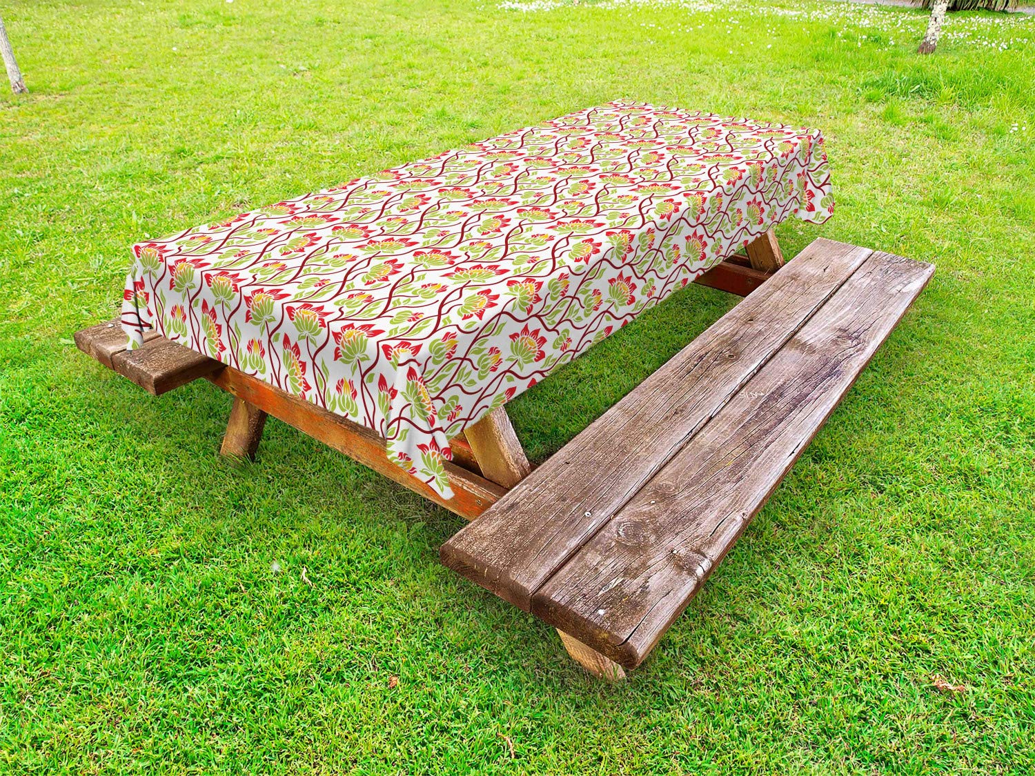 Ambesonne Art Nouveau Outdoor Tablecloth - Vibrant Japanese Flower & Spring Leaf Boho Design, Washable Picnic Table Cover 58x84 Inches - Perfect for Garden Parties, BBQs & Outdoor Dining (Multicolor)