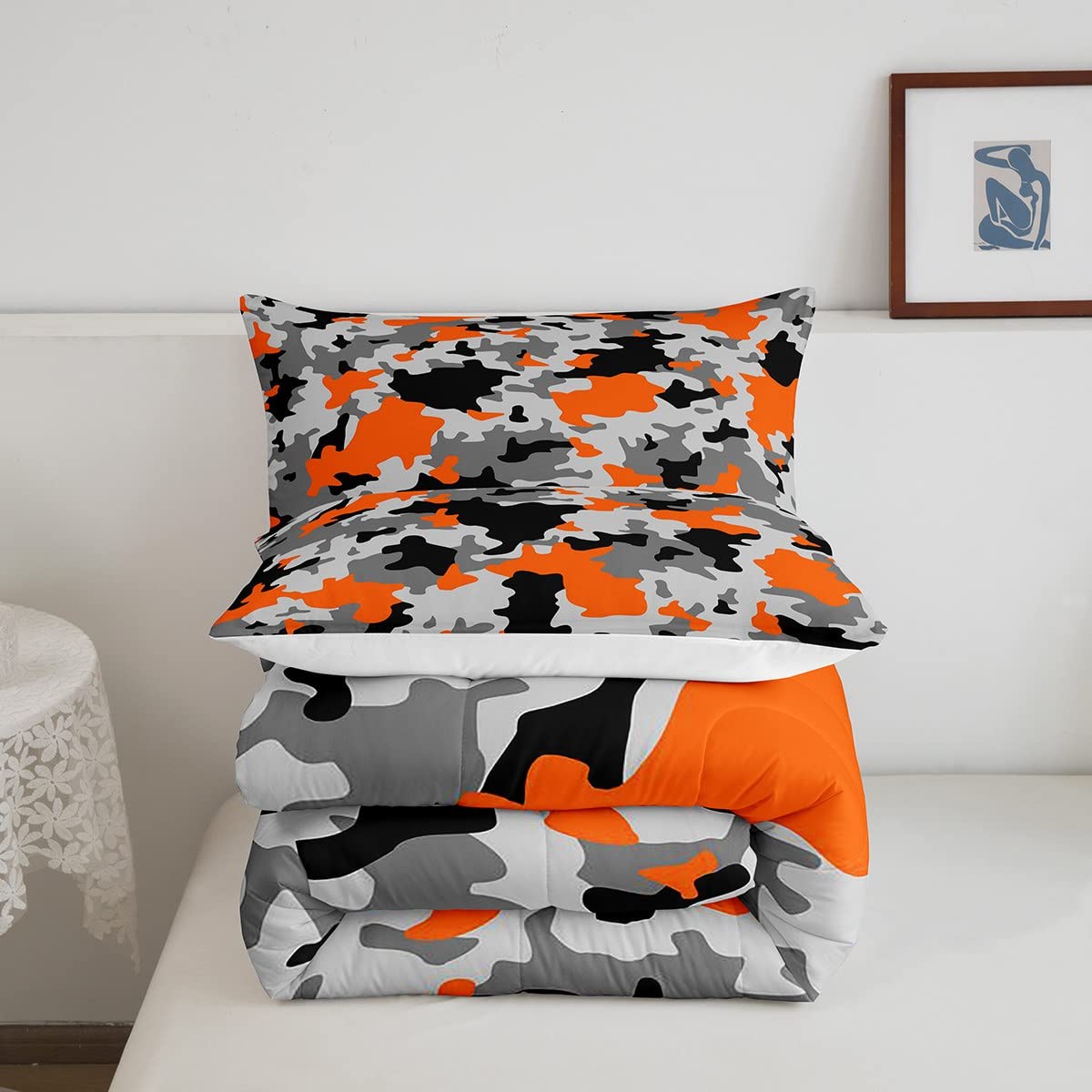**Army Camouflage Comforter Set 3Pcs Queen Size - Kids Boys Girls Teens Youth Bedding - Orange Grey Black Camo Design - Perfect for Bedroom Decor & Military Theme Rooms**