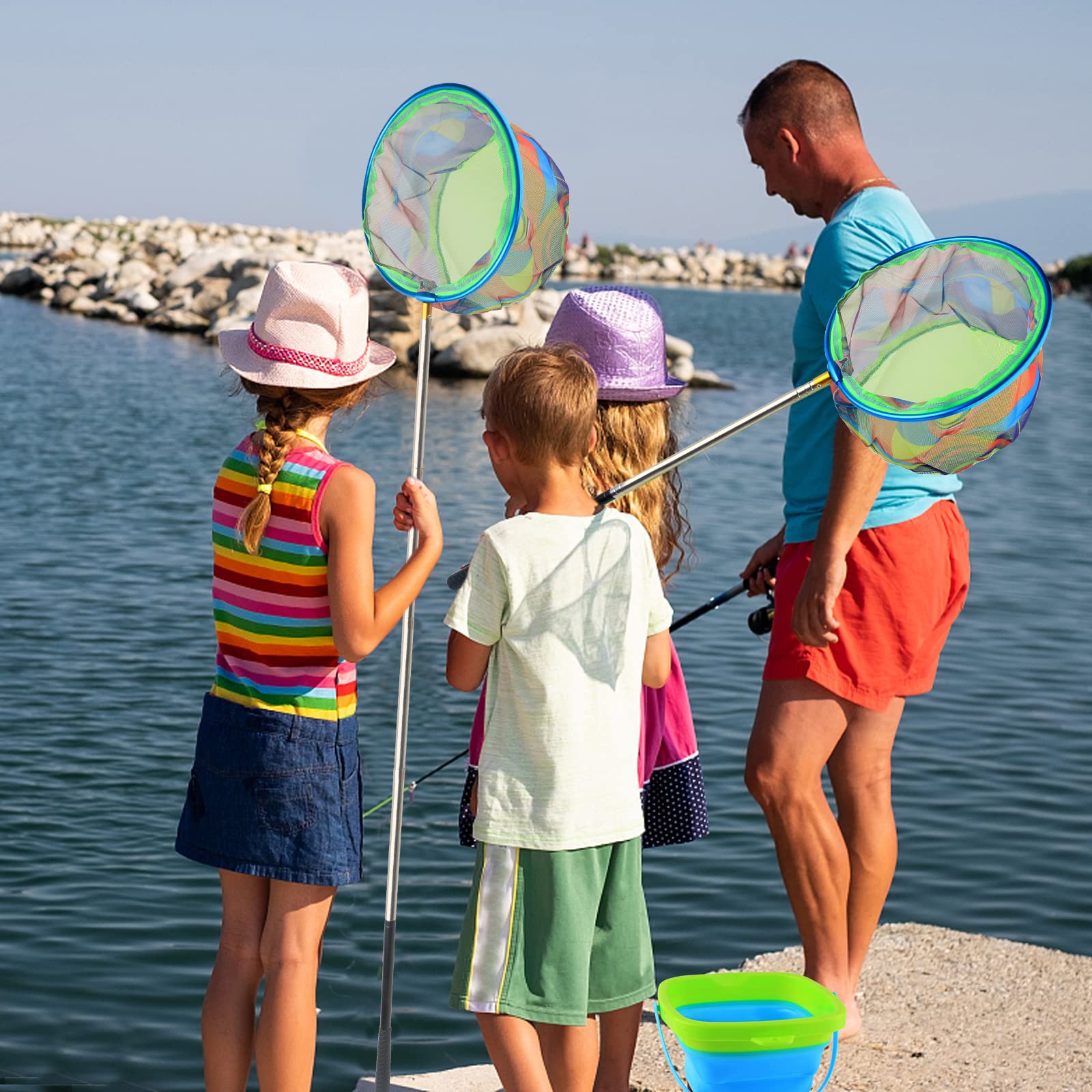 7-Inch Floating Telescopic Folding Fishing Net with Pliers & Lip Gripper - Foldable Sand Bucket Included | Portable Fishing Gear for Kids & Adults | Perfect for Beach, Lake & River Fishing