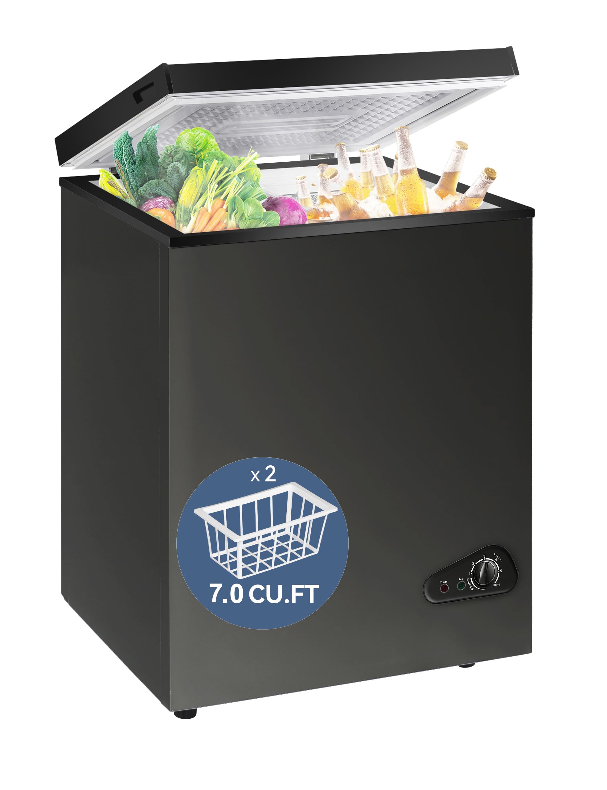 7.0 Cu Ft Energy Efficient Chest Freezer - Ultra Quiet Top Open Door Mini Deep Freezer with Adjustable 6 Thermostat Settings, Removable Storage Basket & Defrost Drain - Compact Small Freezer for Home, Apartment, Garage, Basement or RV Use - Perfect for Frozen Food Storage, Meal Prep & Bulk Buying