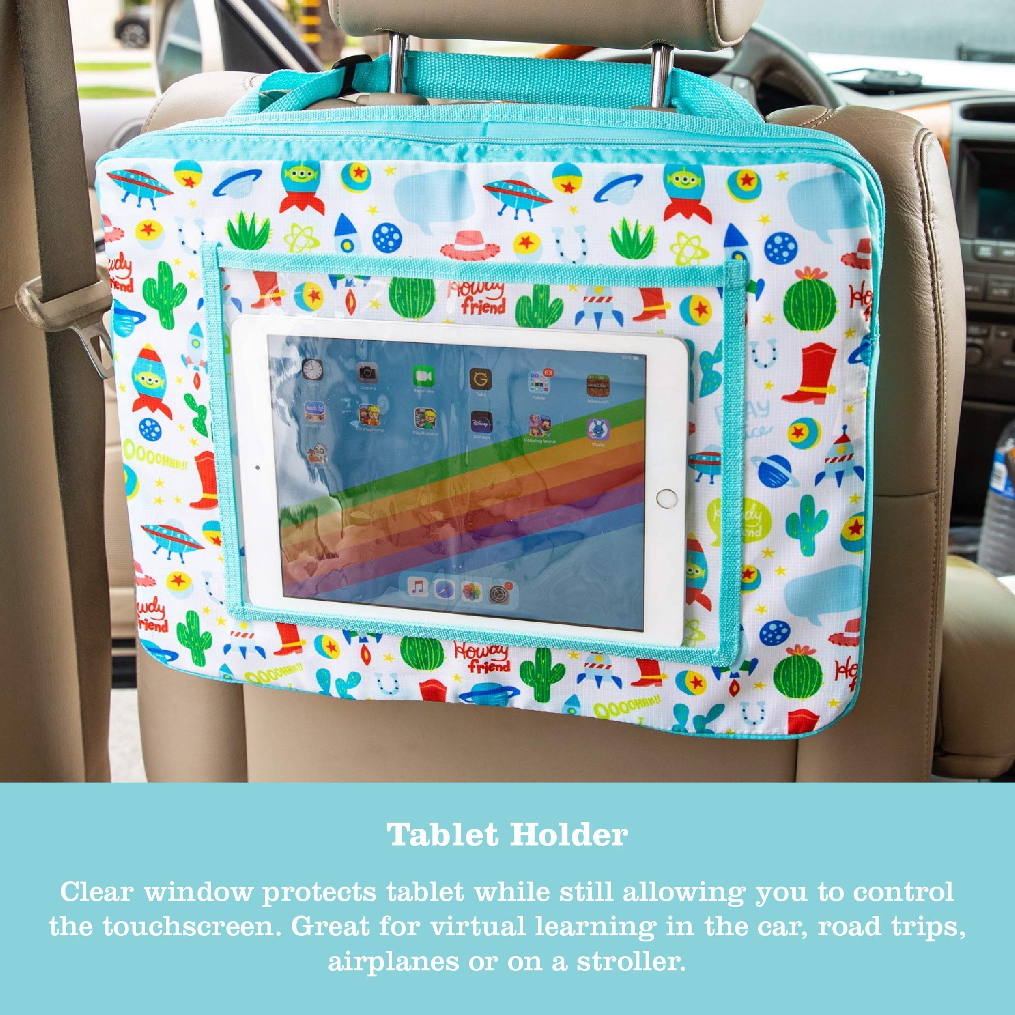 J.L. Childress Disney Baby 3-in-1 Travel Tray & iPad Tablet Holder - Car Seat Lap Tray for Toddlers and Kids - Portable Toddler Travel Accessories for Airplanes, Road Trips, and Lap Desk - Includes Toy Story Themed Tablet Holder and Carry Bag - Perfect for Road Trips, Air Travel, and Dining On-The-Go