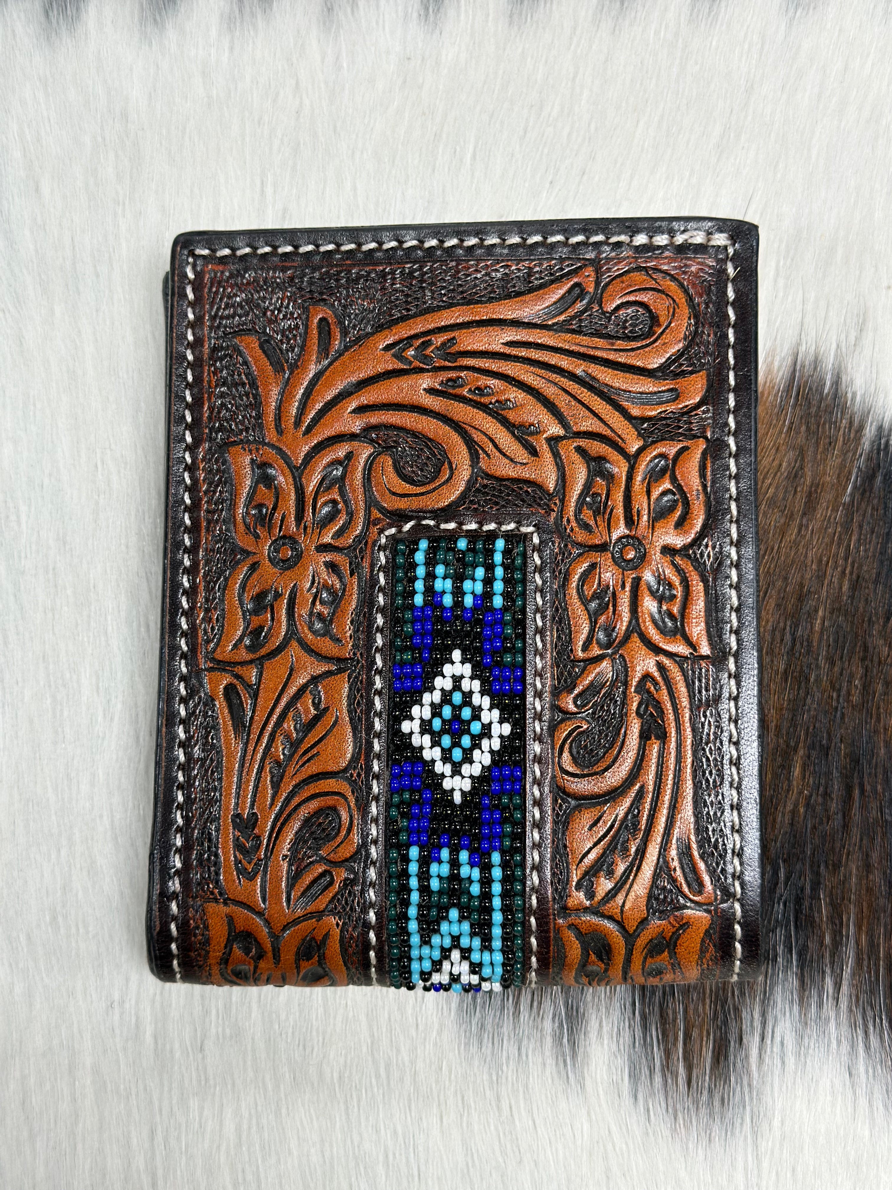 Twisted X Genuine Leather Blue Beaded Wallet for Men & Women | Handcrafted Western Style Money Clip | Perfect for Rodeo, Country Music Festivals & Outdoor Events
