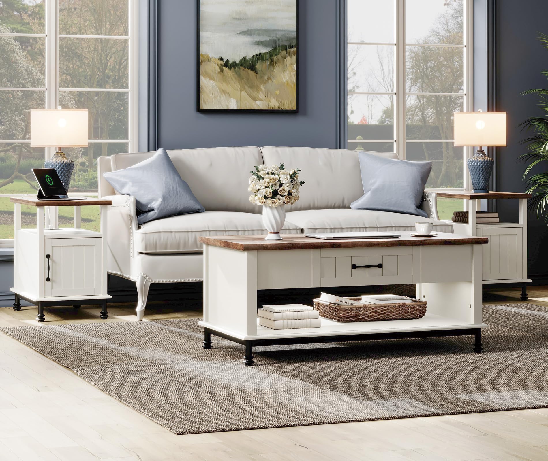 WAMPAT Narrow End Table with Charging Station - Farmhouse Style Side Table with Open Storage & Cabinet - Wooden Nightstand with Metal Legs for Living Room & Bedroom - White/Oak Finish - Perfect for Small Spaces, Apartments & Home Decor