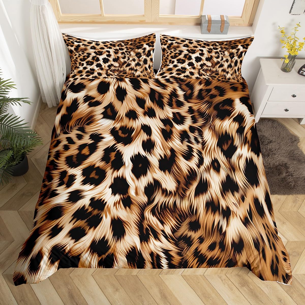 Feelyou Leopard Print Duvet Cover Set - Cheetah Print Bedding for Kids & Teens - Wild Animal Print Comforter Cover with 2 Pillowcases - Queen Size (Comforter Not Included) - Perfect for Jungle Themed Bedrooms, Kids' Rooms & Wild Animal Decor