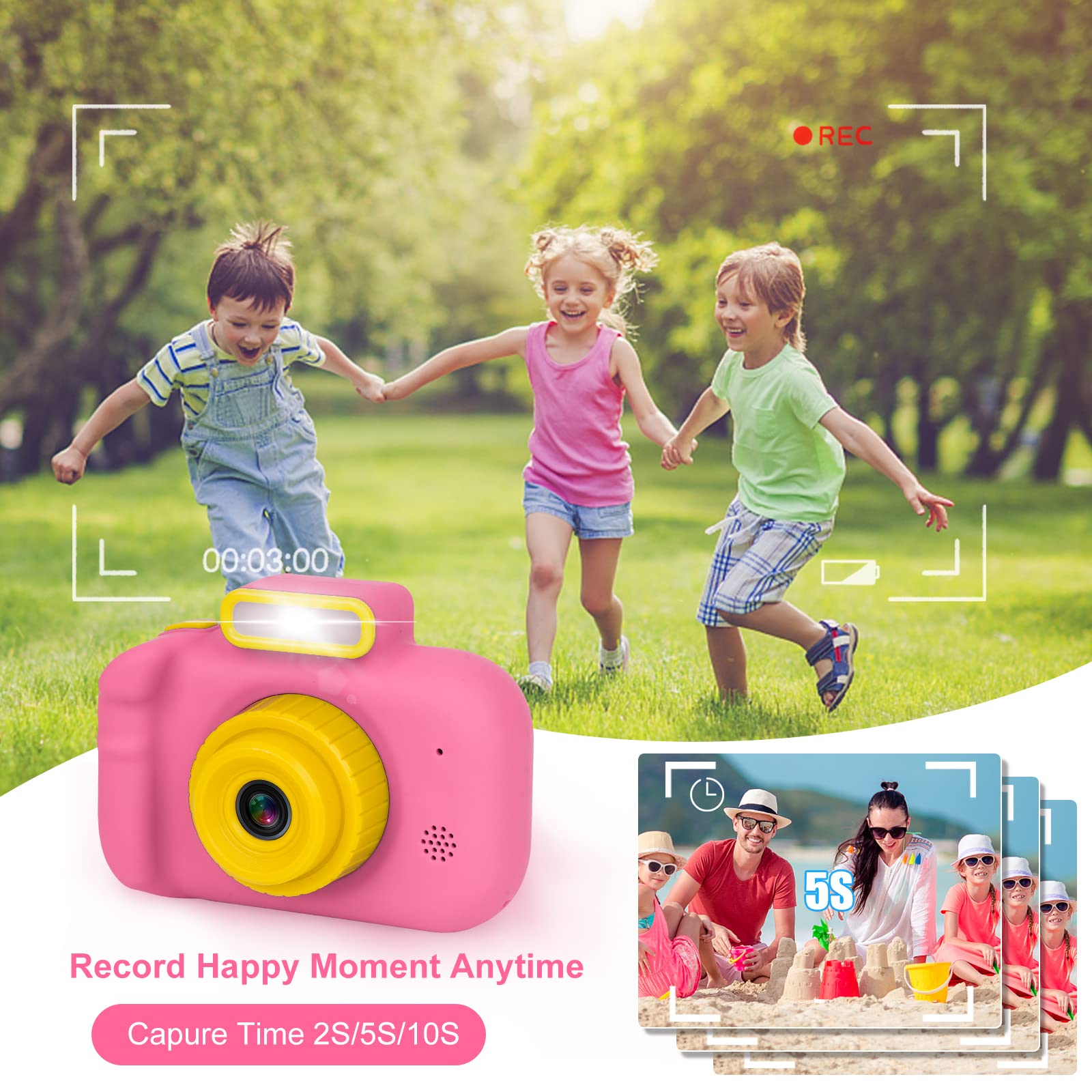 Pink Kids Digital Camera for Girls Age 3-9 - HD Video Recorder with 32GB SD Card, Toddler Selfie Camera, Portable Birthday Gift for 3 4 5 6 7 8 Year Olds - Perfect for Travel, Parties & Outdoor Adventures