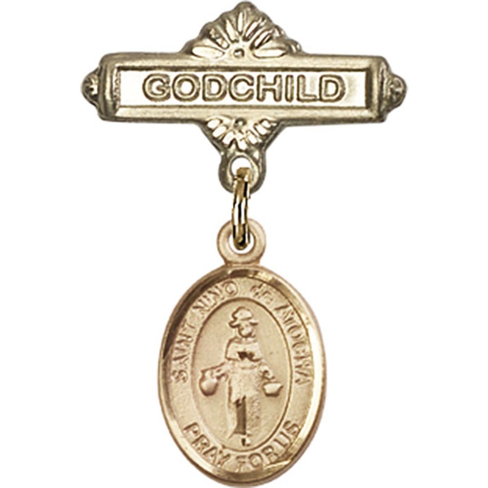 Gold Filled Baby Badge with St. Nino de Atocha Charm - 1 X 5/8 Inch Godchild Pin for Baptism, Christening & Religious Gifts - Perfect for Godparents & Spiritual Occasions