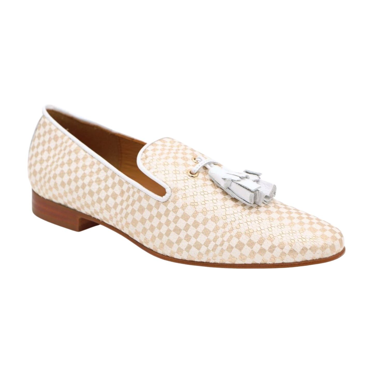 PEDRO MIRALLES White & Gold Checkered Leather Loafers with Tassel - Classic Men's Dress Shoes for Business, Office & Formal Occasions