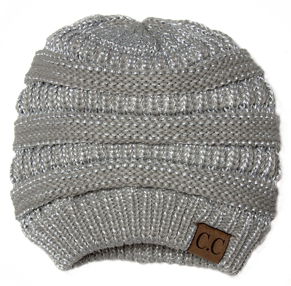 Metallic Silver Thick Knit Soft Stretch Beanie Cap - Warm Winter Hat for Men & Women - Perfect for Skiing, Snowboarding & Outdoor Activities