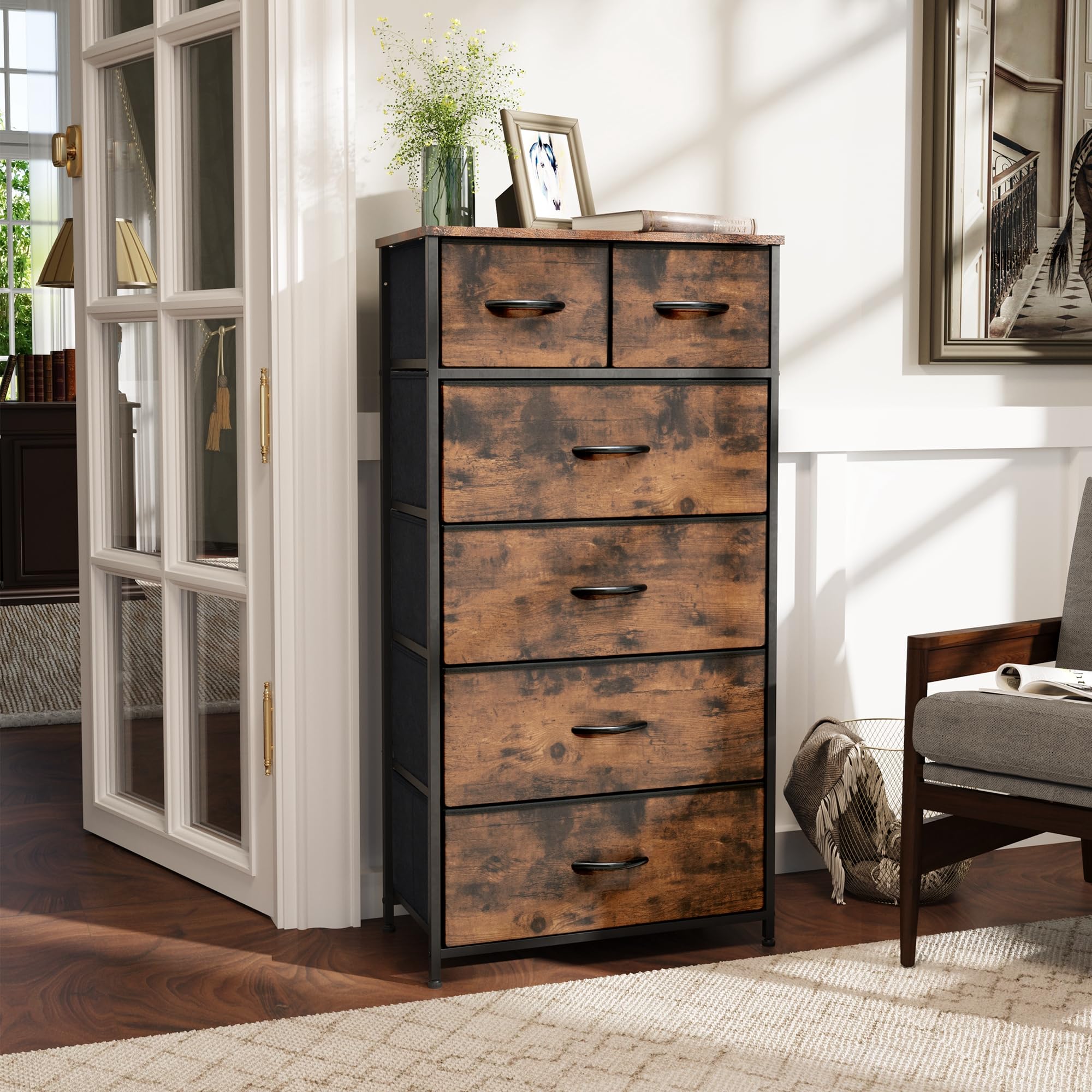 6-Drawer Tall Skinny Dresser for Bedroom - Rustic Brown Wooden Top Steel Frame Storage Organizer Tower | Perfect for Closet, Living Room & Hallway Organization | Space-Saving Furniture for Small Apartments & Dorm Rooms