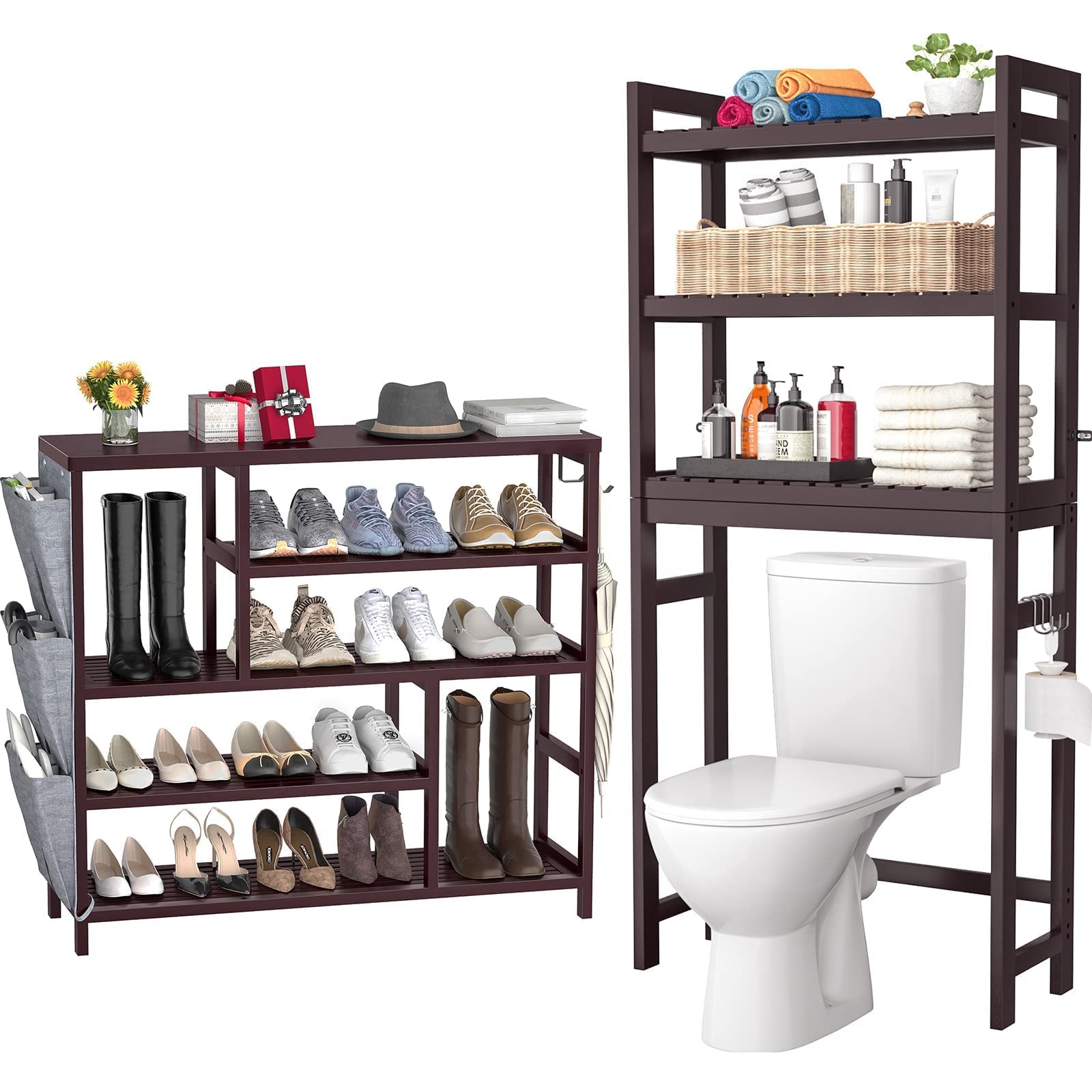 Homykic Bamboo Over-The-Toilet Storage Organizer & 5-Tier Shoe Rack - Space Saving Bathroom & Closet Organizer for Small Spaces, Espresso Finish - Perfect for Apartments, Dorms & Tiny Homes