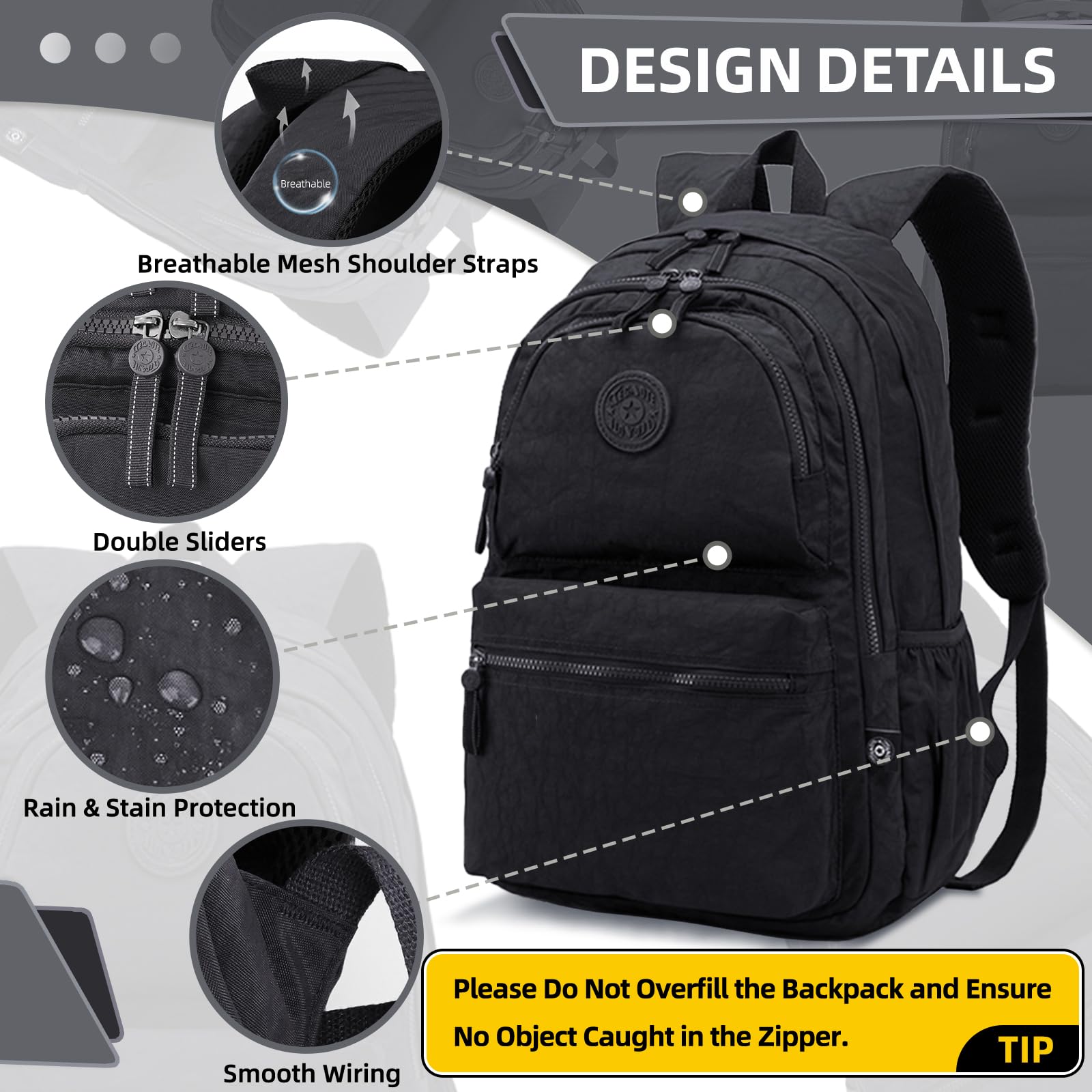 28L Lightweight Nylon Travel Laptop Backpack for Men & Women - Durable Computer Work Backpack, Casual Daypack for Hiking, Cycling, Commuting, School & Office - Fits 15.6 Inch Laptop - Black