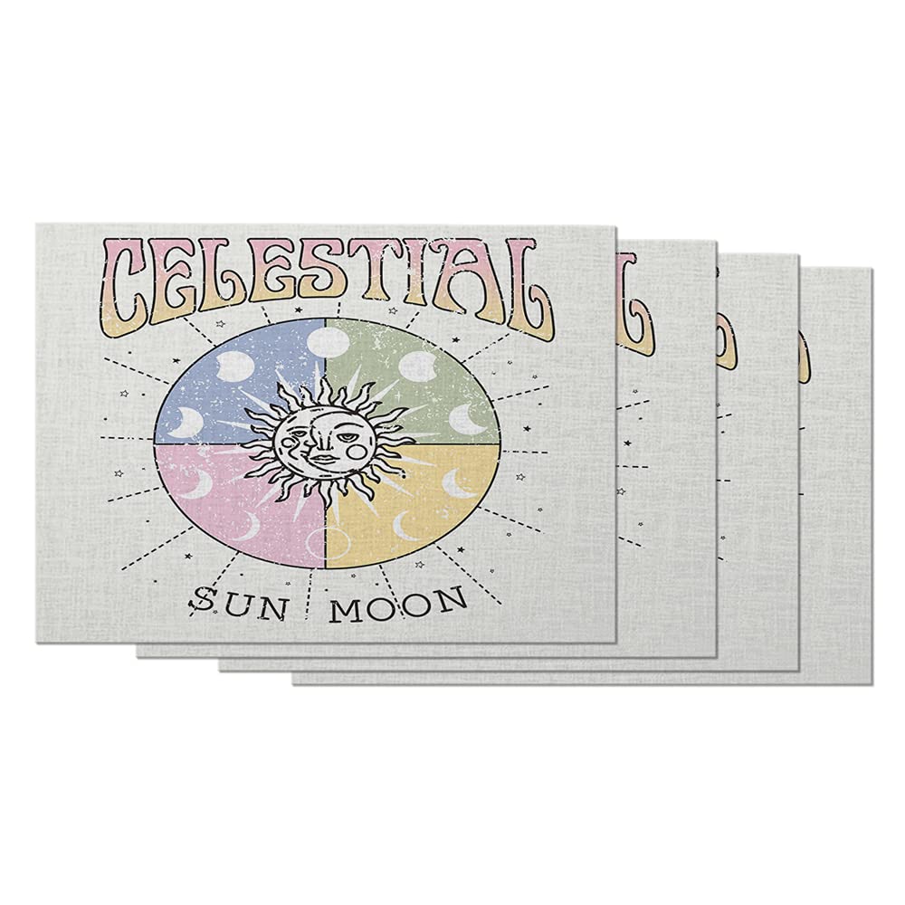 Celestial Sun and Moon Placemats Set of 4 - Vintage Astrology Cotton Linen Table Mats 12x18 Inch for Dining Table Decor, Kitchen, Coffee Table & Boho Home Decorations