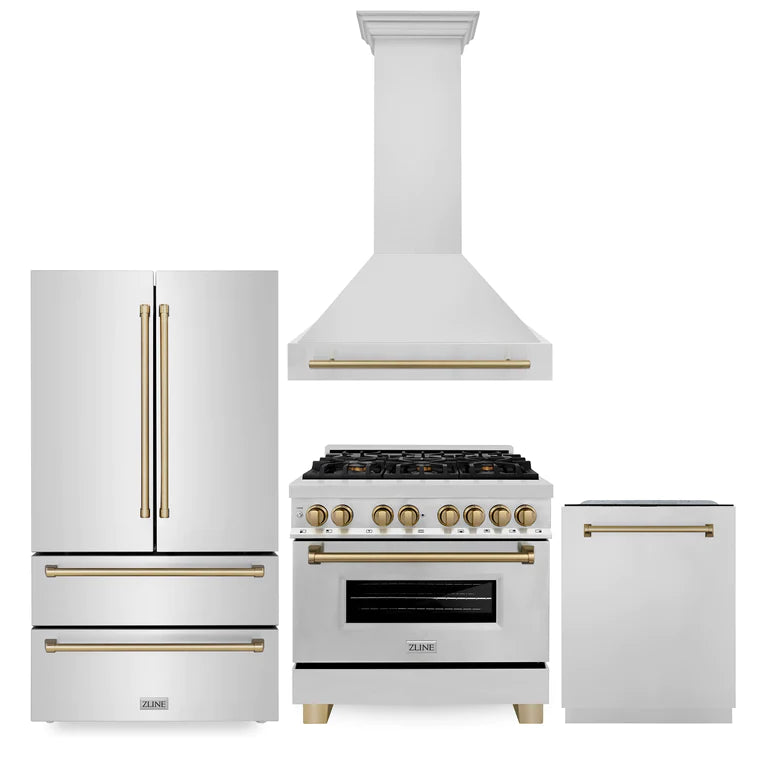 ZLINE Autograph Edition 36-inch Stainless Steel Dual Fuel Range Kitchen Package with Range Hood, Dishwasher & Refrigerator - Champagne Bronze Accents (4KAPR RARHDWM36 CB) | Premium Kitchen Appliances for Modern Homes & Professional Chefs