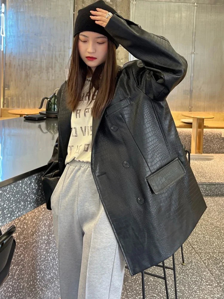 Stylish Oversized Purple Crocodile Print Faux Leather Blazer for Women - Long Sleeve Double Breasted Y2K Fashion Jacket | Perfect for Office Wear, Night Out & Retro Outfits
