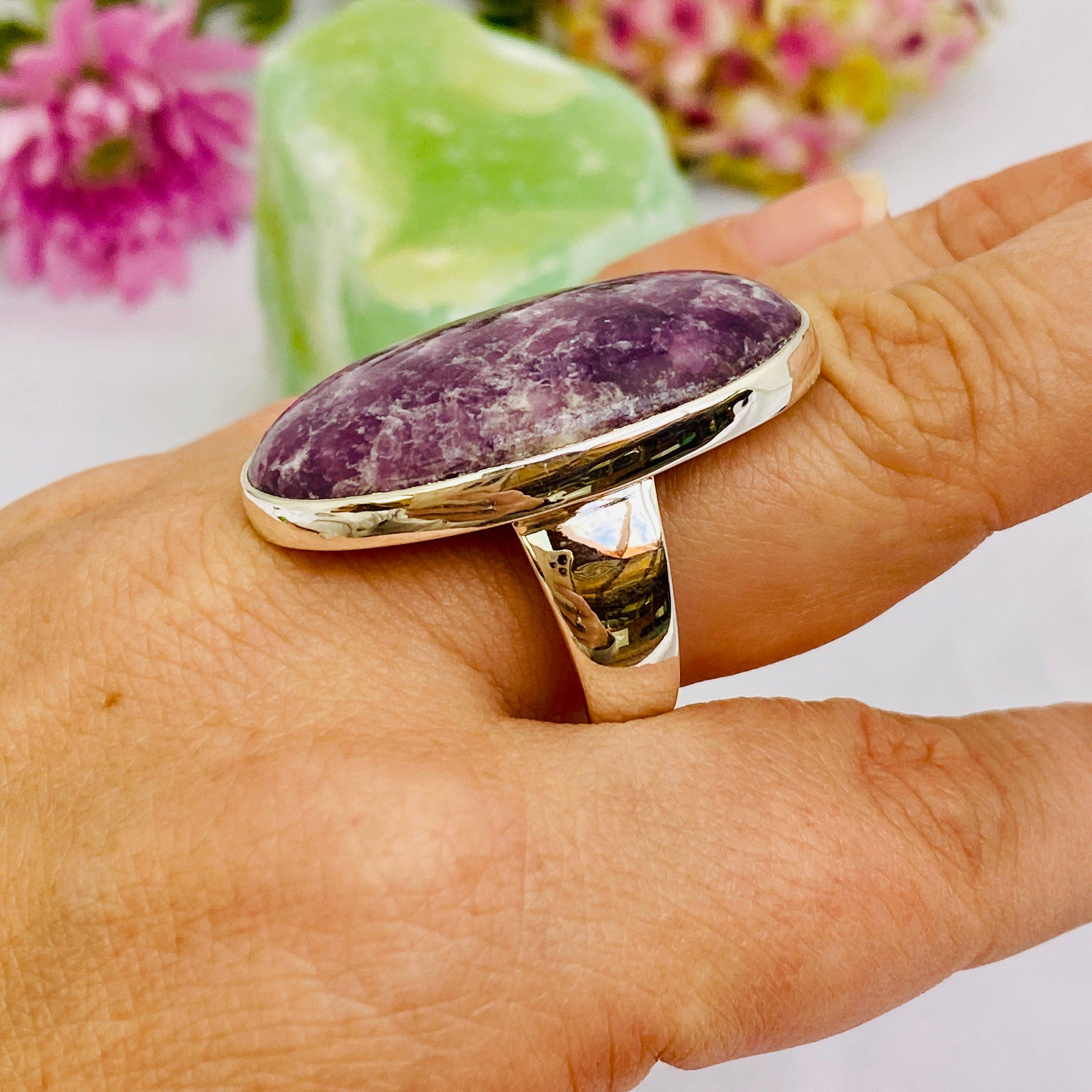 Natural Lepidolite Oval Ring - Size 10 - KRGJ2058 - Healing Crystal Jewelry for Stress Relief & Emotional Balance - Perfect for Meditation, Yoga & Spiritual Practices