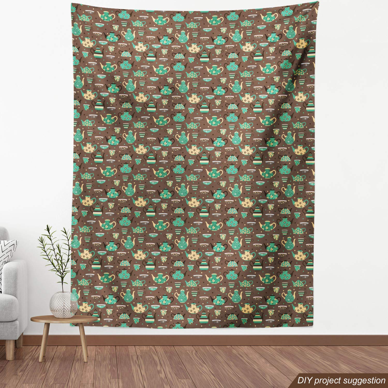 Ambesonne Tea Party Fabric by The Yard - Floral Cup & Pot Print on Dotted Brown Background | 10 Yards Upholstery Fabric for Sofa, Curtains & Home Decor | Perfect for DIY Crafts, Tablecloths & Throw Pillows