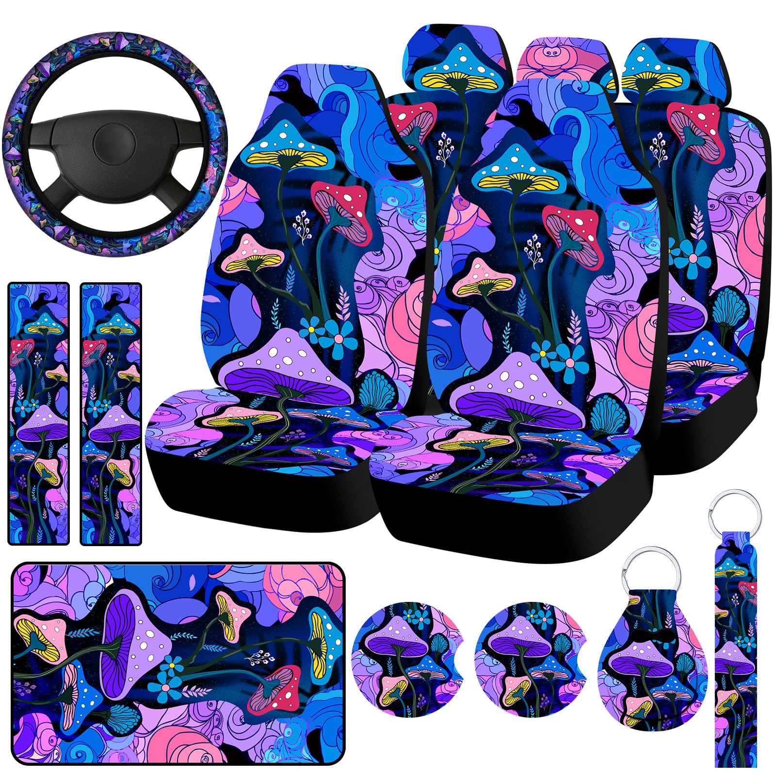 15-Piece Premium Car Seat Covers Full Set - Steering Wheel Cover, Armrest & Handbrake Protectors, Gear Shift Knob & Headrest Accessories (Mushroom Color) - Universal Fit for Cars, SUVs & Trucks - Perfect for Road Trips, Daily Commute & Interior Protection