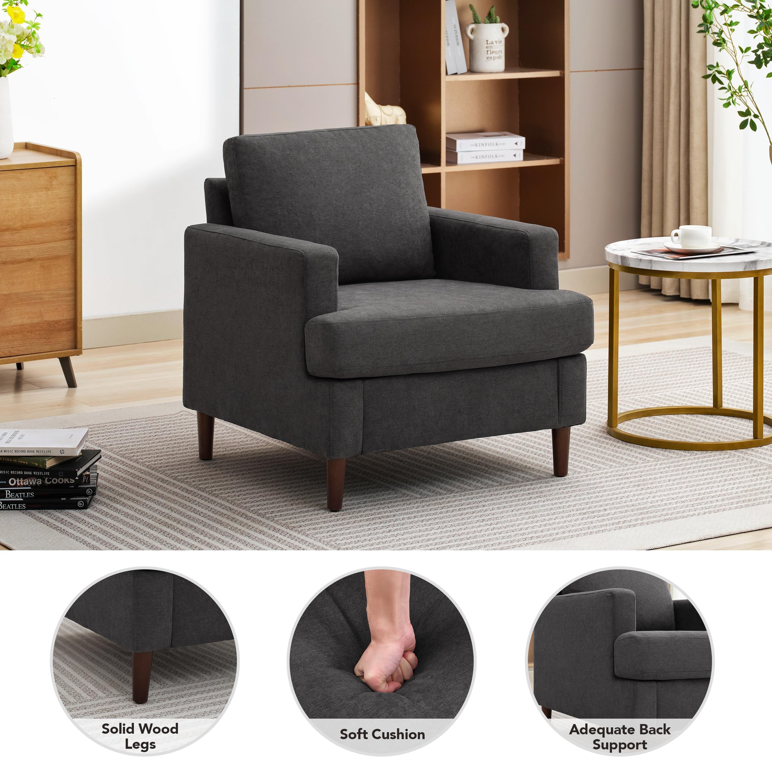 Mid-Century Modern Accent Chair - Linen Fabric Armchair with Wood Legs for Living Room & Bedroom - Dark Grey Upholstered Reading Chair - Comfortable Single Sofa for Relaxing & Decor (1 Pack) - Perfect for Home Office, Lounge & Cozy Spaces