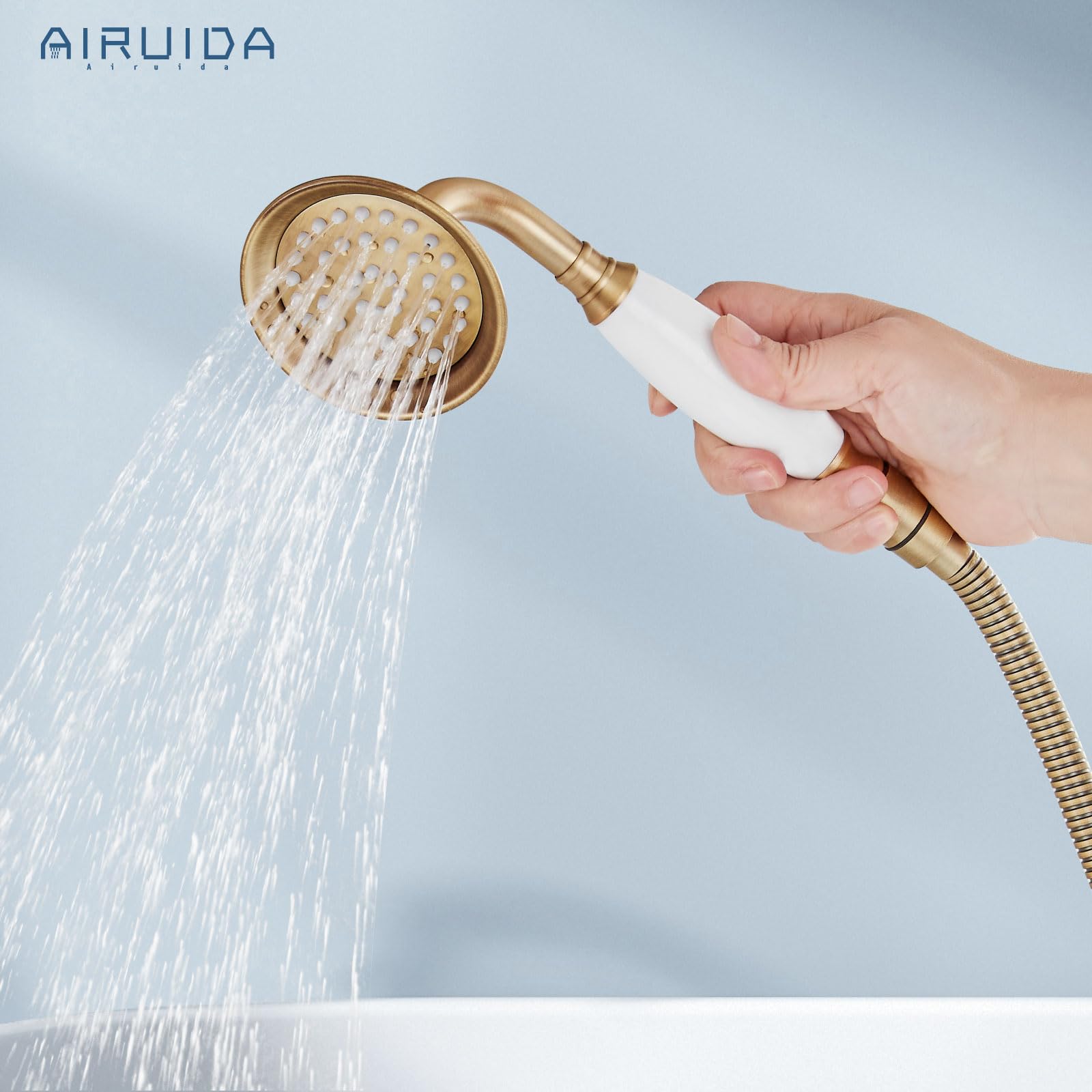 Antique Brass Wall Mount Bathtub Faucet with Handheld Shower Sprayer - Vintage Style Double Cross Handle Hot/Cold Water Mixer Tap - Perfect for Classic Bathroom Renovations & Spa-Like Showers