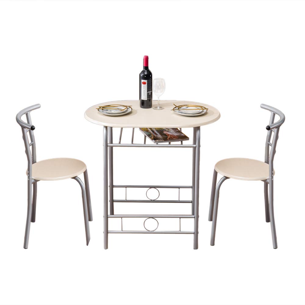 3-Piece Bistro Dining Table Set with 2 Chairs - Compact Breakfast & Kitchen Table with Metal Frame & Storage Shelf (Natural) - Perfect for Small Spaces, Apartments, and Cozy Cafés