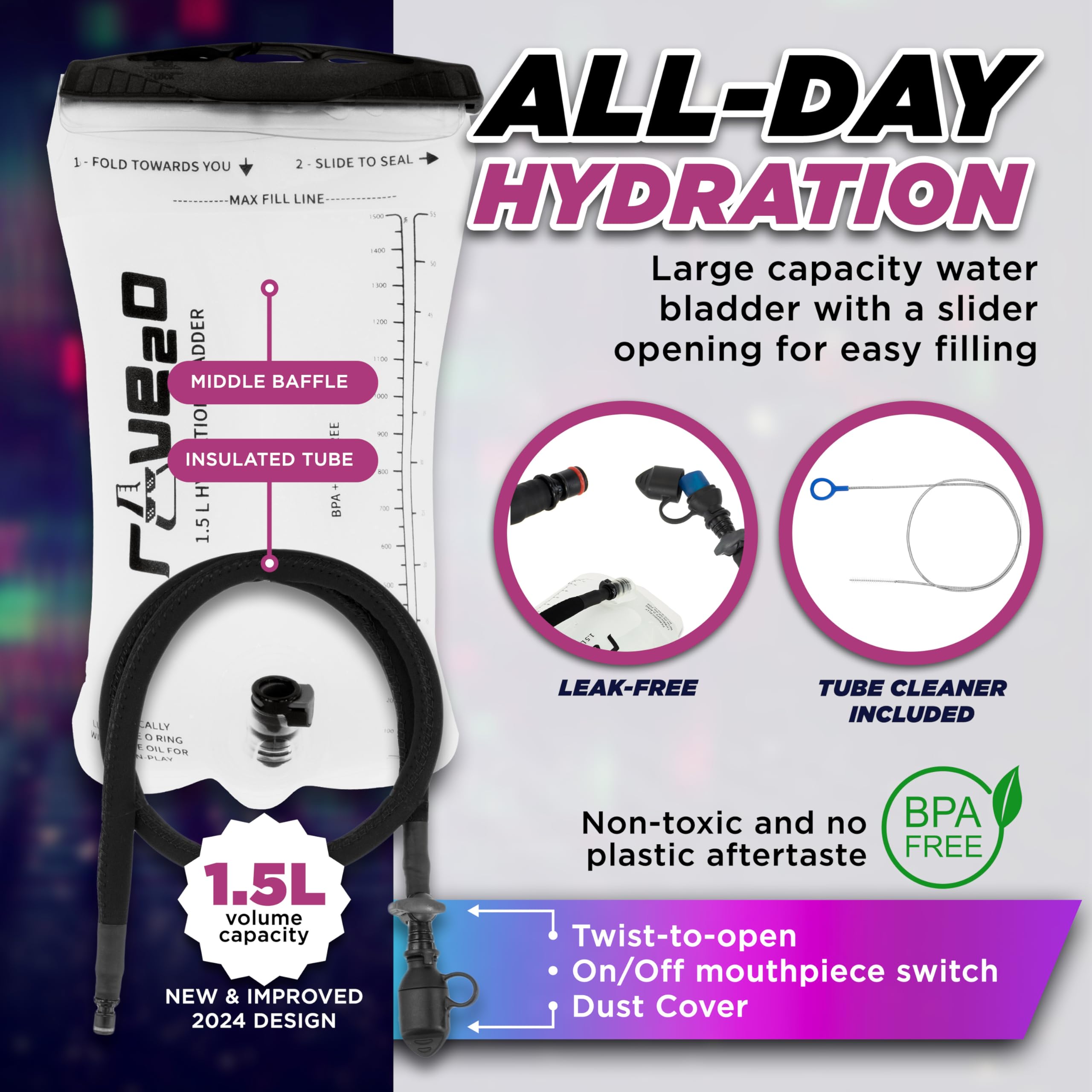 Anti Theft Hydration Backpack 1.5L - Insulated Water Backpack for Raves, Festivals, Hiking & Running - Secure Hydration Pack for Men, Women & Kids - Perfect for Outdoor Adventures, Concerts & Sports Events