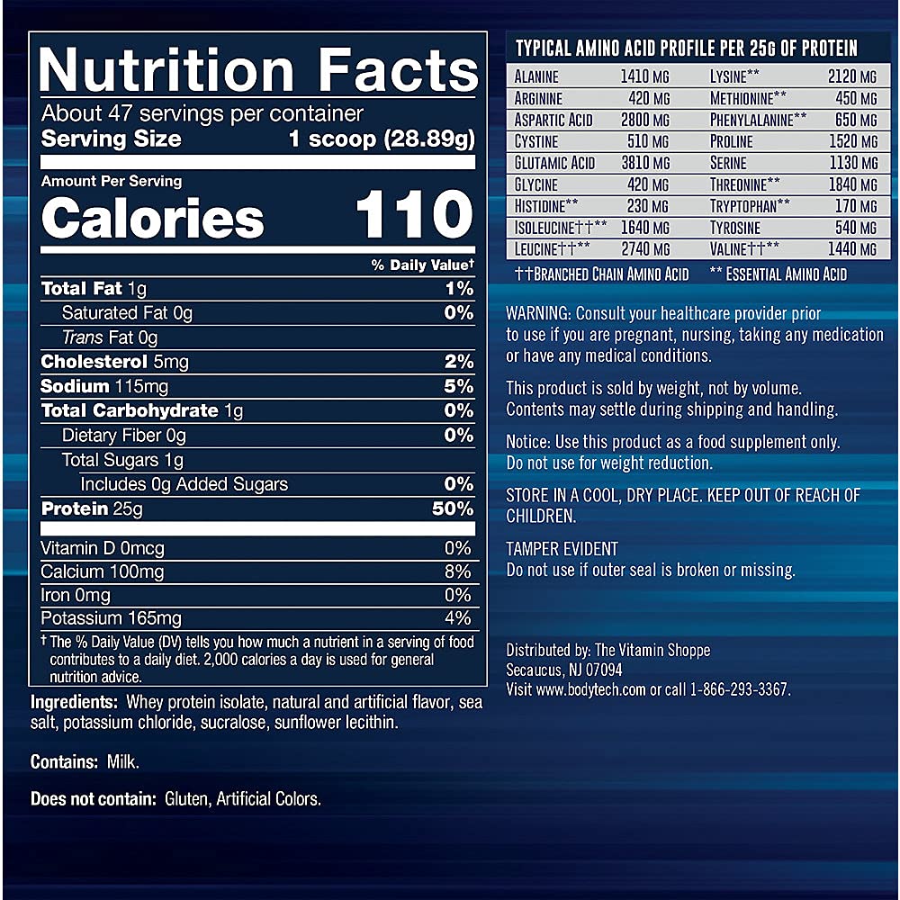 BodyTech Whey Protein Isolate Powder - 25g Protein per Serving with BCAAs for Muscle Recovery & Growth - Post Workout Supplement - Vanilla Flavor (3lb) - Perfect for Gym, Fitness & Bodybuilding
