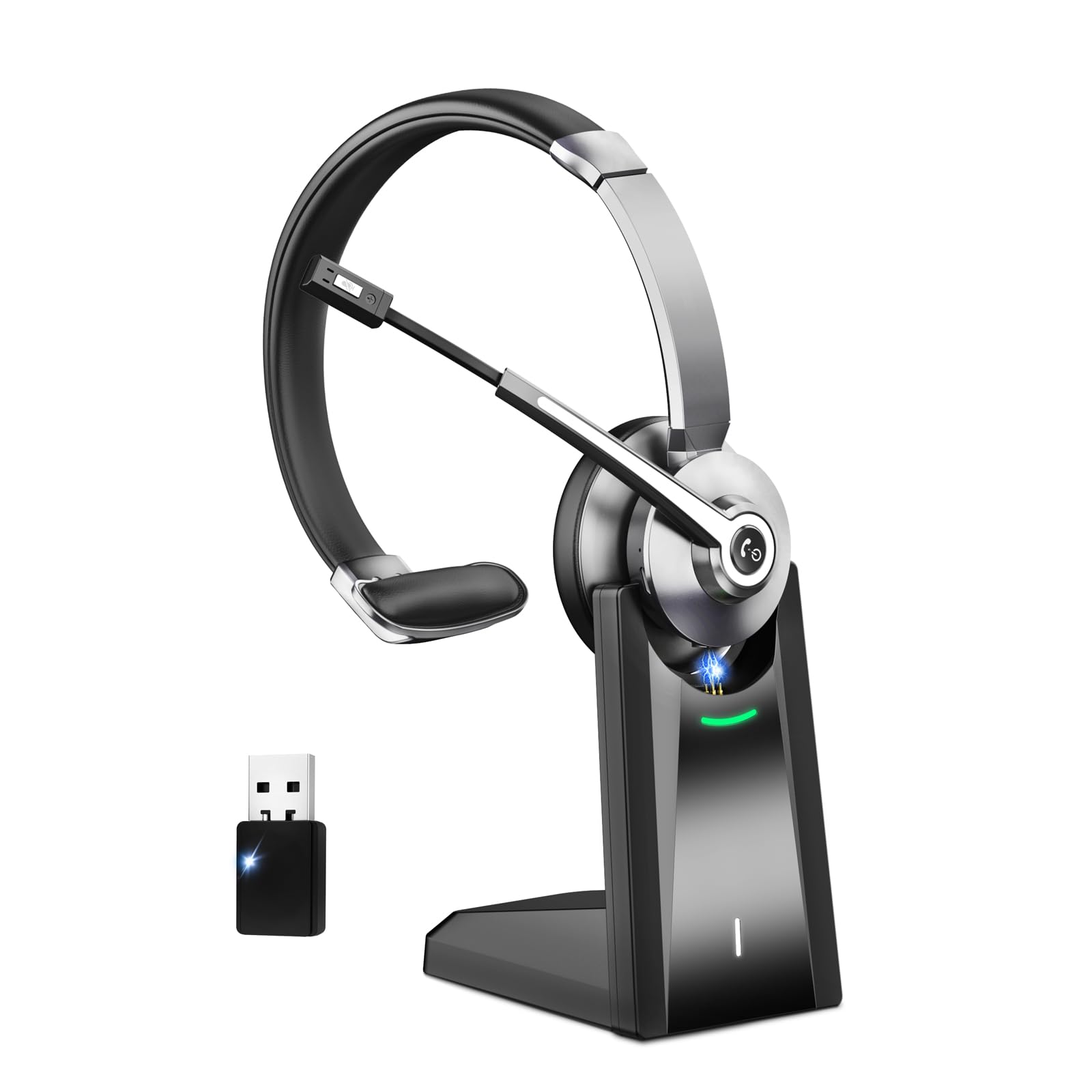 Wireless Bluetooth Headset with Noise Canceling Microphone & USB Dongle - Comfortable Office Headphones with Charging Base & Mute Button for Call Center, Truck Drivers, Remote Work & Business Meetings