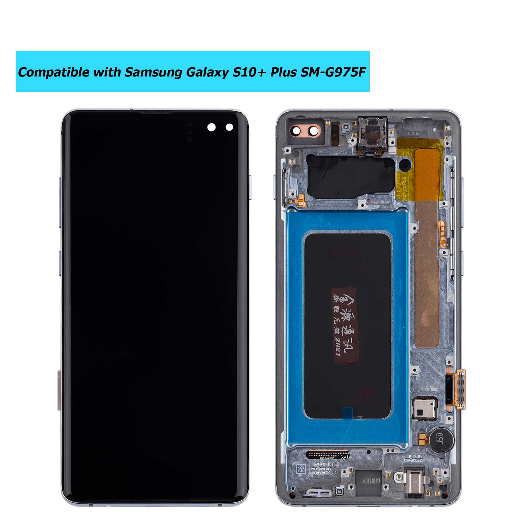 Samsung Galaxy S10+ Plus AMOLED LCD Touch Screen Display Replacement - Compatible with SM-G975F SM-G975U SM-G975W Models (Blue with Frame & Tools) - Perfect for DIY Phone Repair & Screen Replacement