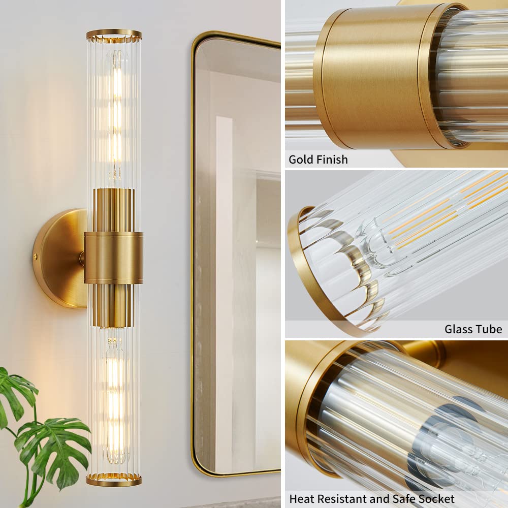 Modern Gold Wall Sconce with Threaded Glass - Bathroom Vanity Light Fixture, Up & Down Lighting for Bathroom, Living Room, Hallway & Kitchen - Elegant Indoor Wall Lighting for Home Decor