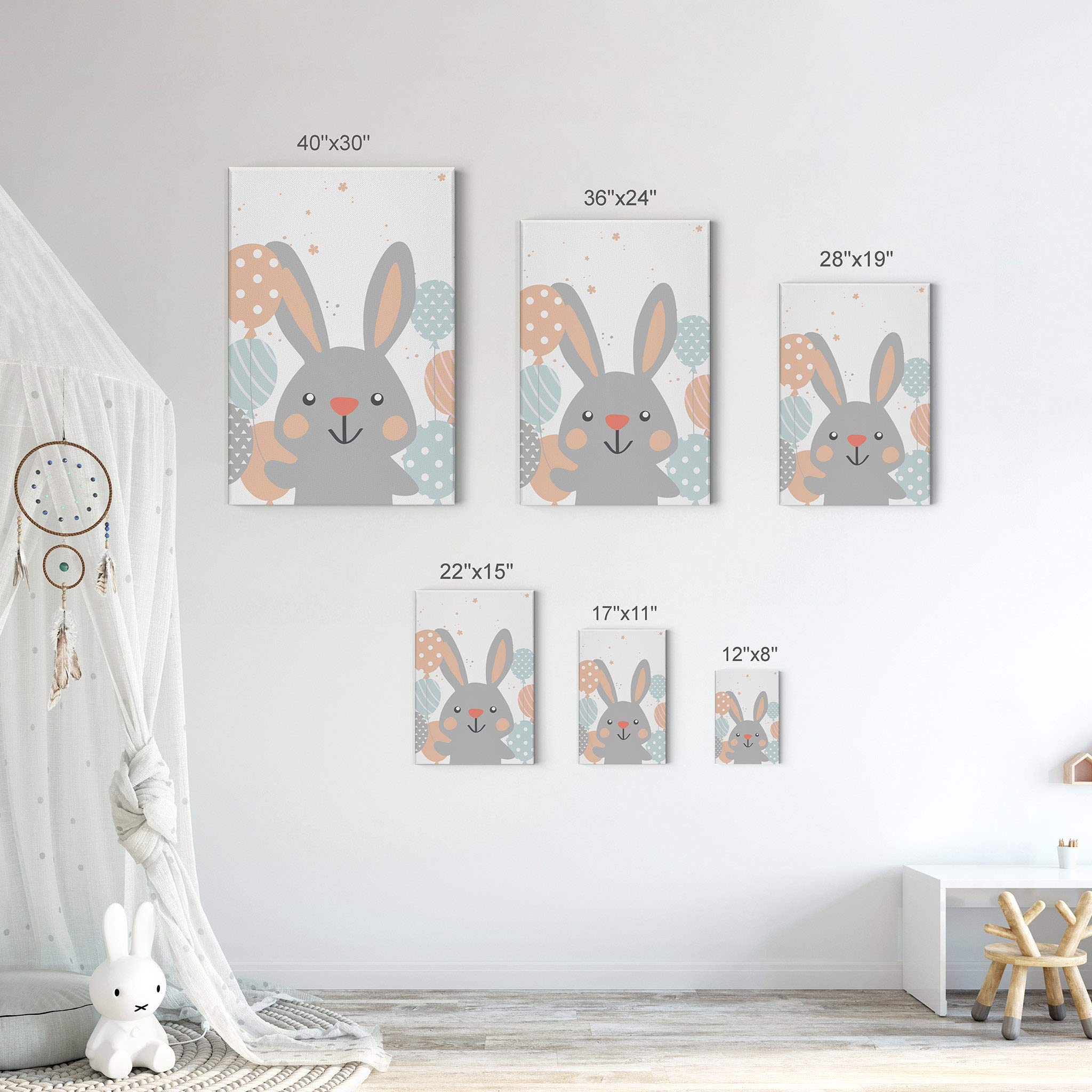 Cute Gray Rabbit with Balloons Canvas Print - Nursery Wall Art Decor for Baby & Kids Room - Ready to Hang 22x15 - Made in USA | Perfect for Birthday Gifts, Baby Showers & Children's Bedroom Decor