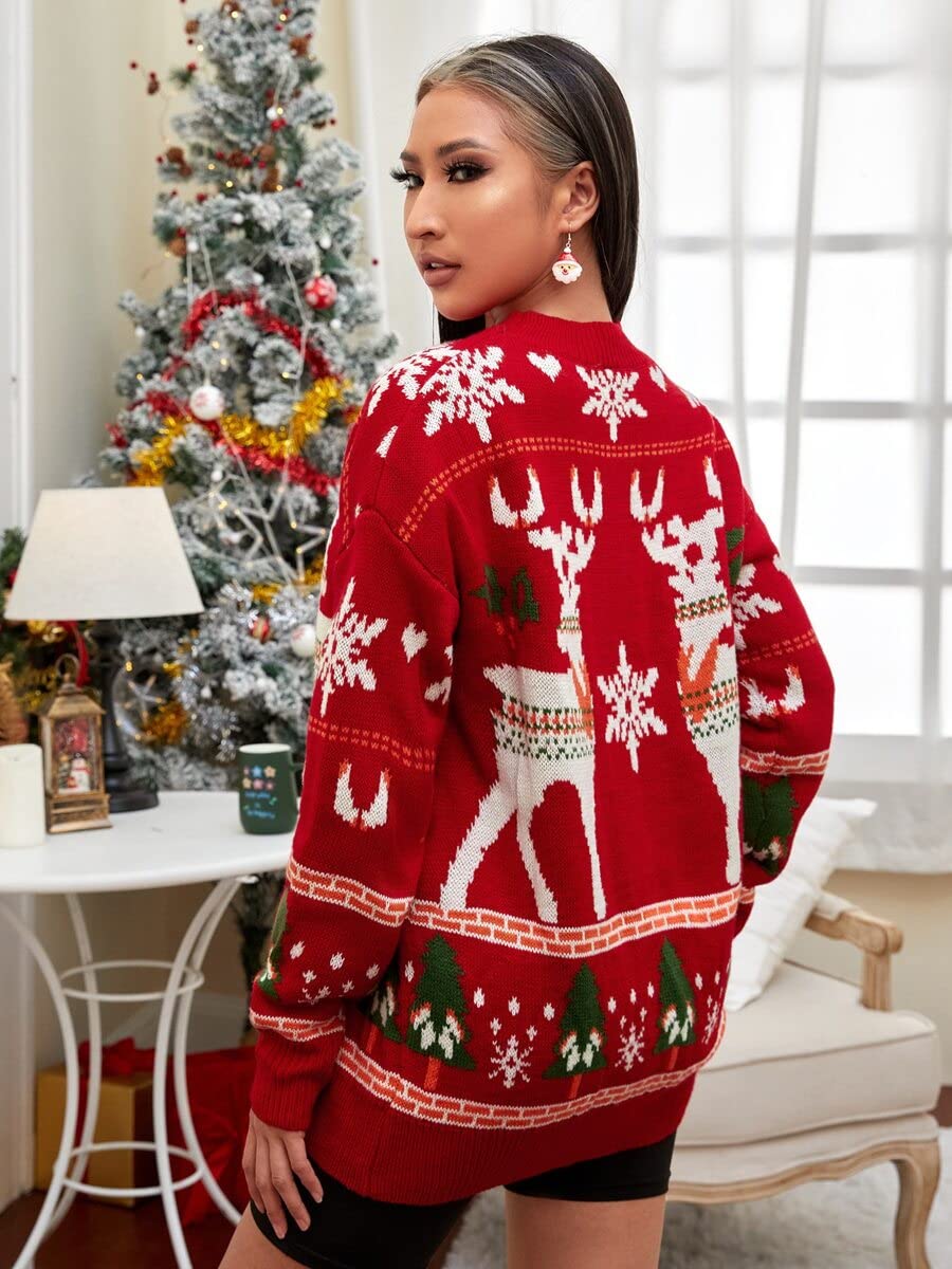 JSBHS Women's Christmas Pattern Drop Shoulder Sweater - Striped Color Block Casual Loose Knitted Pullover Top (Red/White, Size M) | Holiday Party, Winter Outfit, Casual Wear