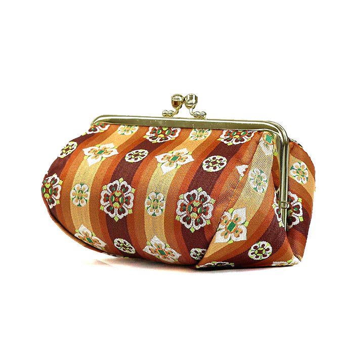Nishijin Woven Small Floral Pouch - Handmade in Kyoto Japan | Elegant Brown Cosmetic & Makeup Bag | Japanese Gamaguchi Style | Travel Toiletry Organizer, Stationery Pouch & Bag-in-Bag (Perfect for Daily Essentials, Gift Giving & Japanese Fashion Accessories)