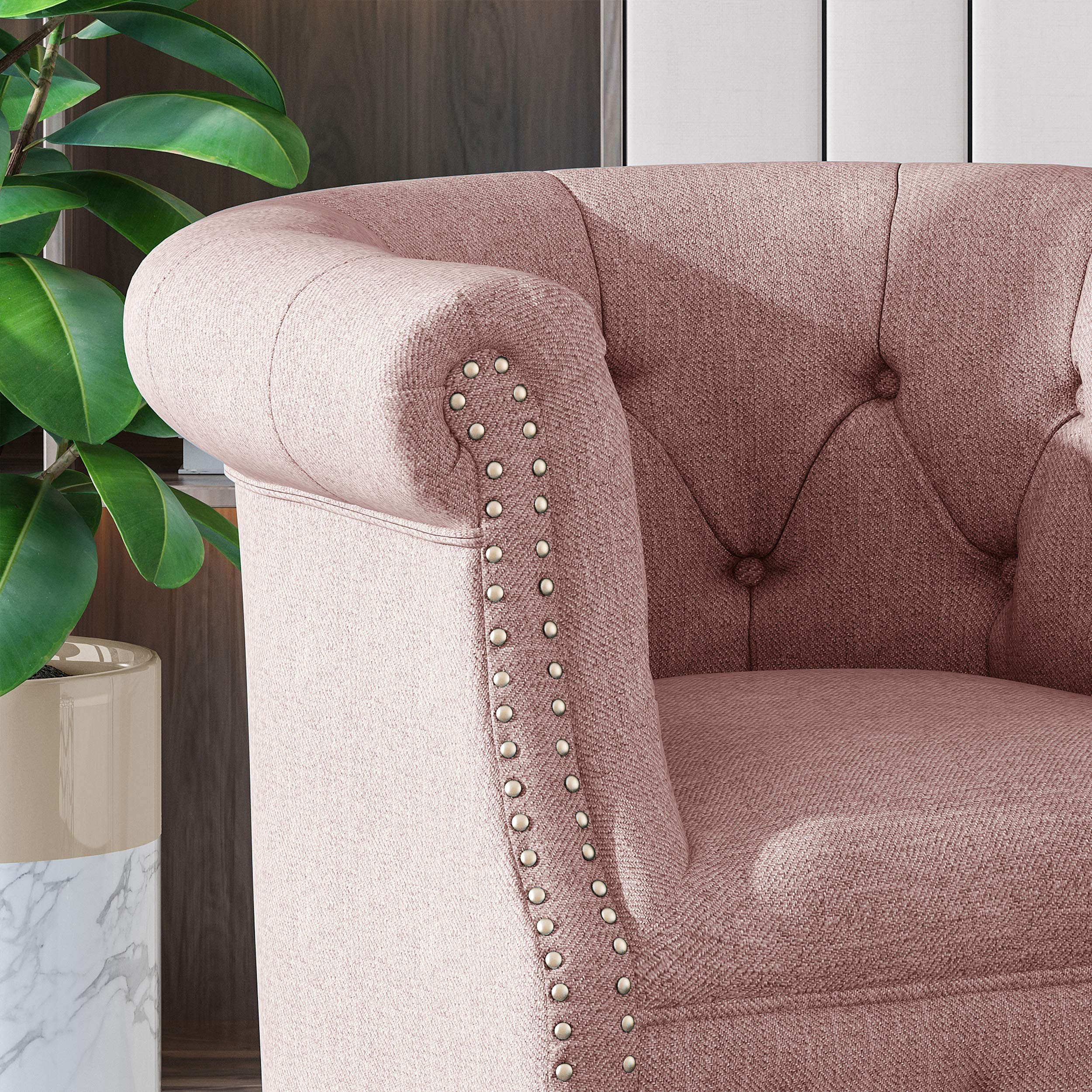 GDFStudio Petite Tufted Fabric Chair and Ottoman Set in Light Blush & Dark Brown - Compact Living Room Furniture for Small Spaces, Apartment Decor, Cozy Reading Nook Accent Chair