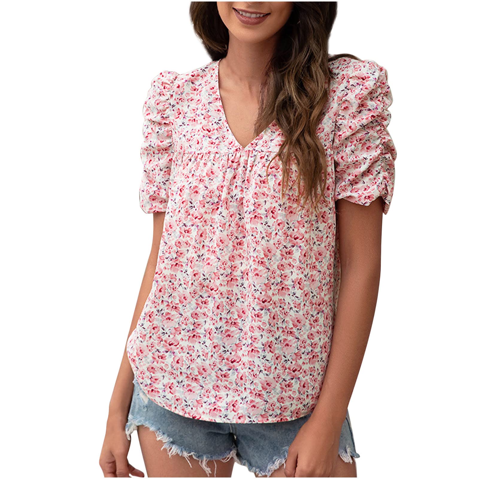Women's Summer V-Neck Short Sleeve Floral Print Casual T-Shirt - Breathable Cotton Blouse for Outdoor Activities, Beach Wear & Daily Fashion